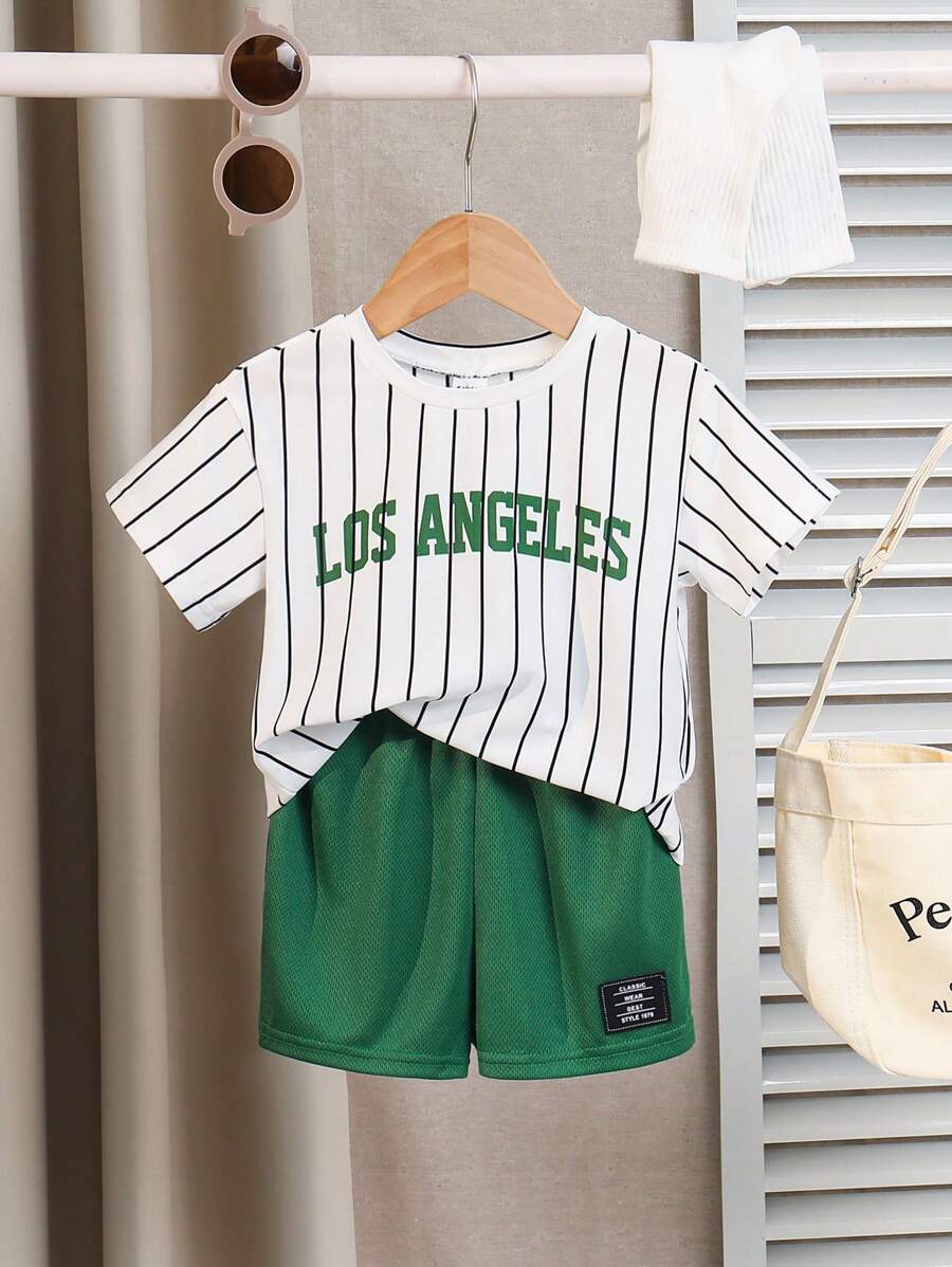 Baby Boy/Girl Summer Letter Print Striped Short Sleeve Top & Elastic Waist Shorts Set, Suitable For Daily Wear, Going To School, Traveling, And Sports In Spring/Summer