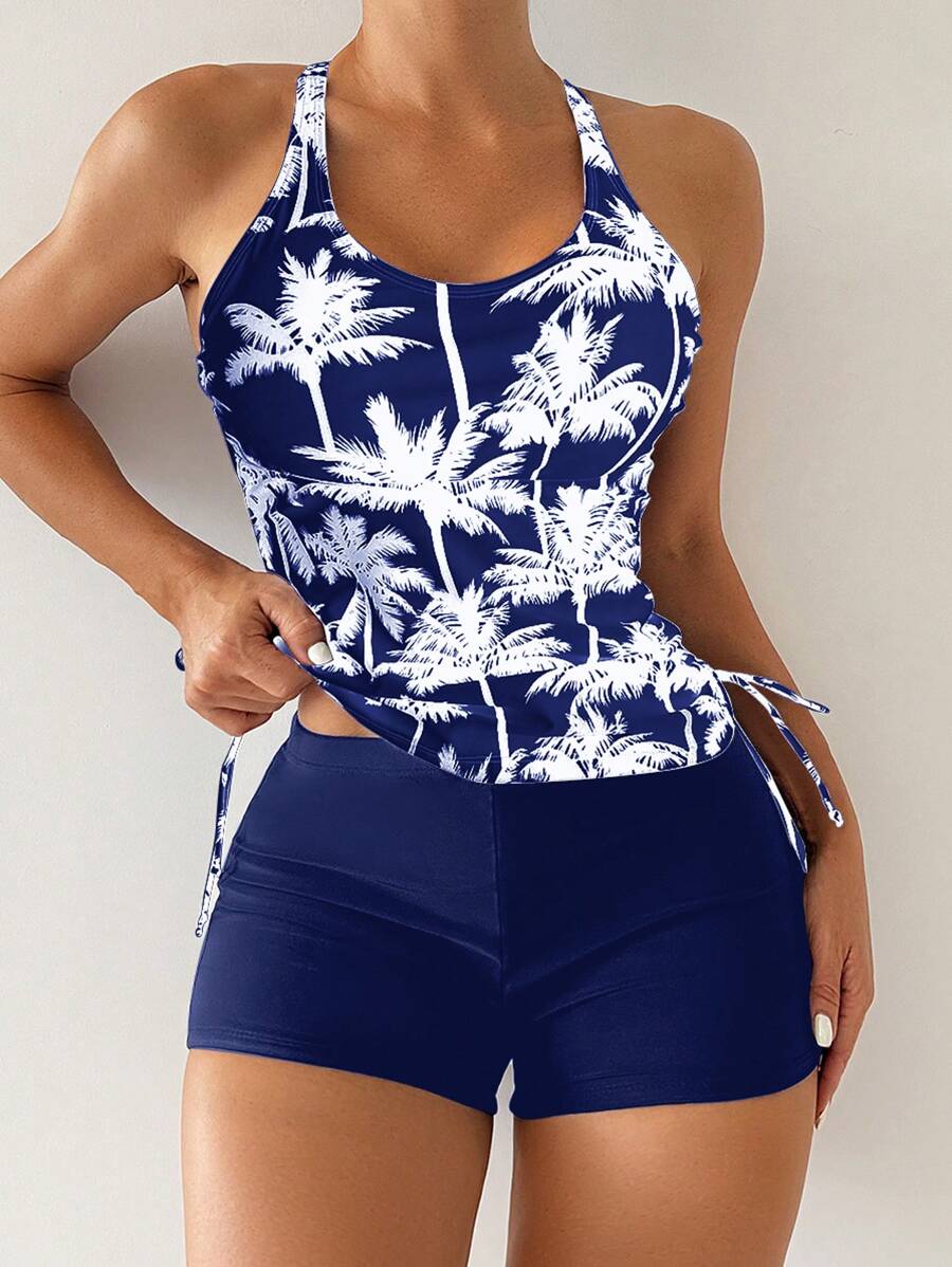 Swim Lushoire Conjunto de top y pantalón tipo tankini con estampado de palmeras, estilo vacacional, incluye chaleco y top de tirantes para mujer en verano