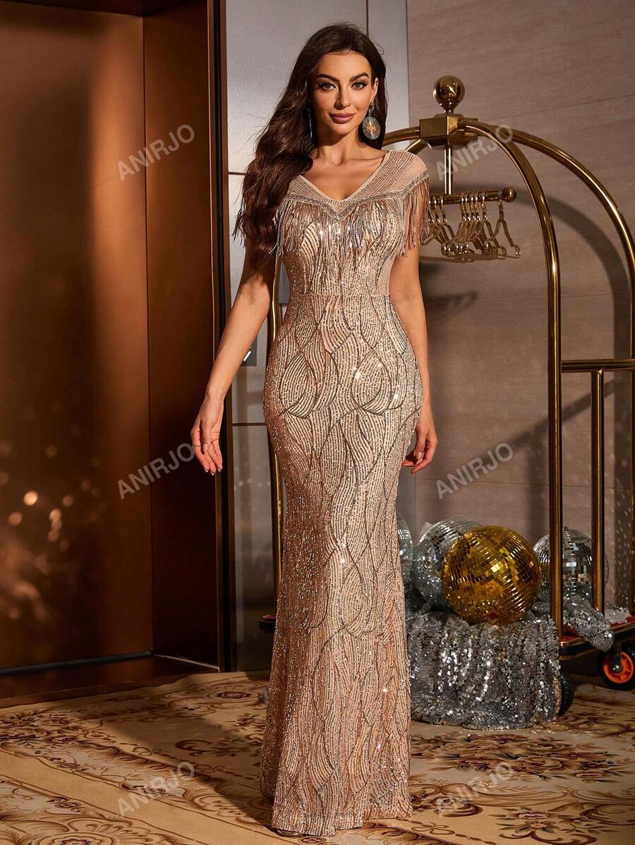 Vestido elegante de lentejuelas de red con contraste de cristales y flecos, corte ajustado tipo sirena, glamoroso para fiesta, cóctel, fiesta de boda, vestido de invitada de boda, vestido formal, vestido de noche