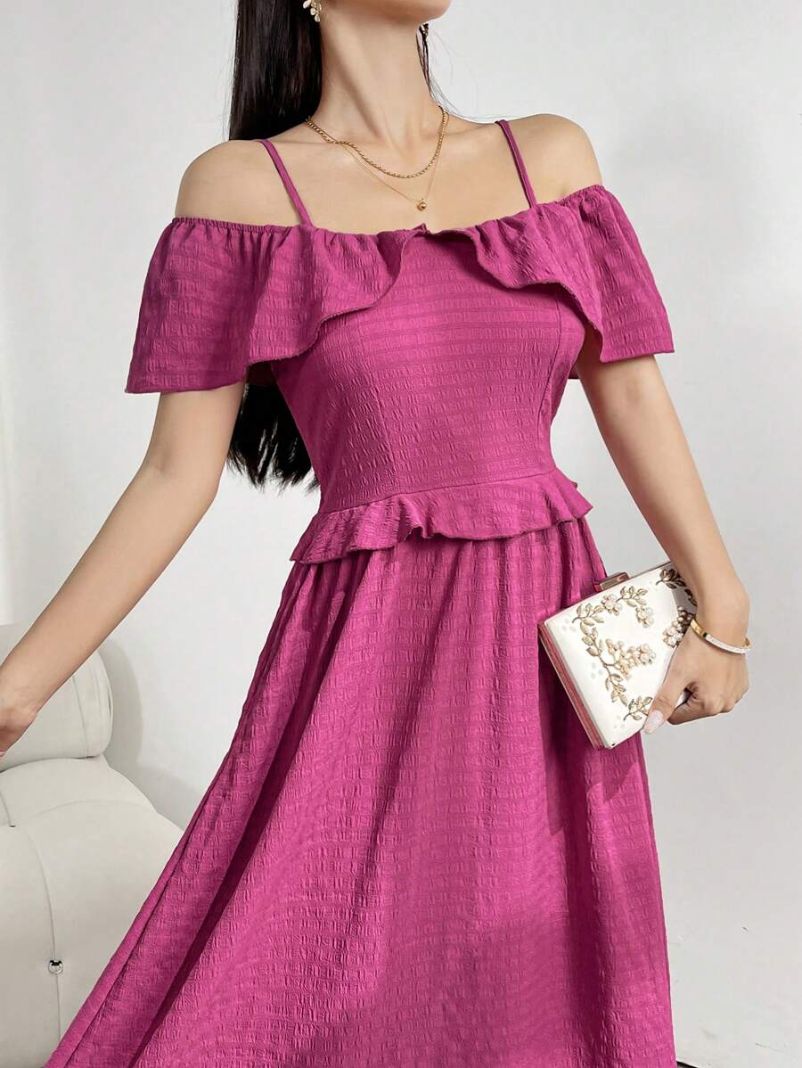 Mulvari Women's Solid Color Pleated Lace Trim Spaghetti Strap Off-Shoulder Sleeve Elegant Summer Dress