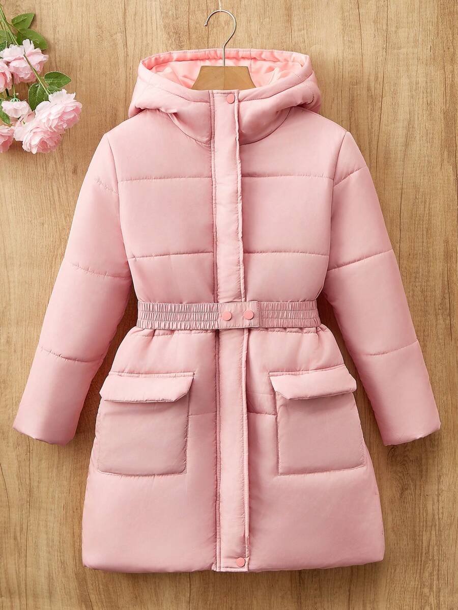Tween Girl Outdoor Mid-Length Padded Coat, Simple Style, Thickened With Hood, Winter