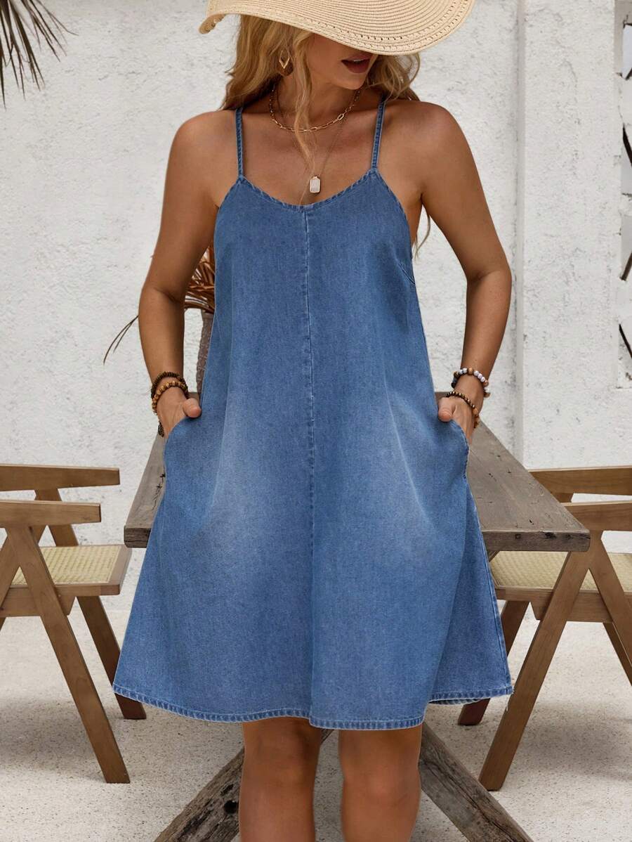 EMERY ROSE Slant Pocket Cami Denim Dress