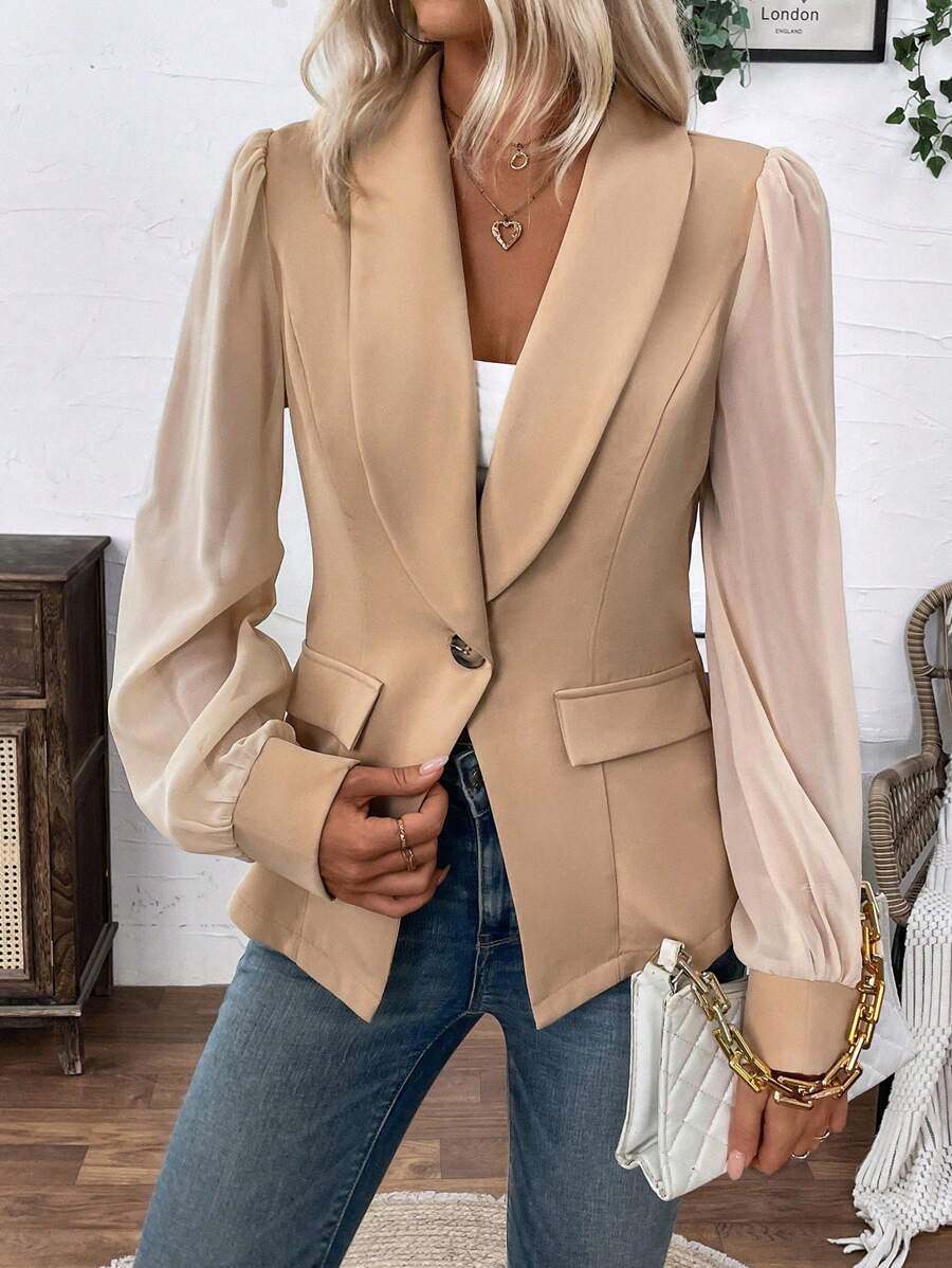 SHEIN LUNE Women's Khaki Mesh Splice Suit Jacket