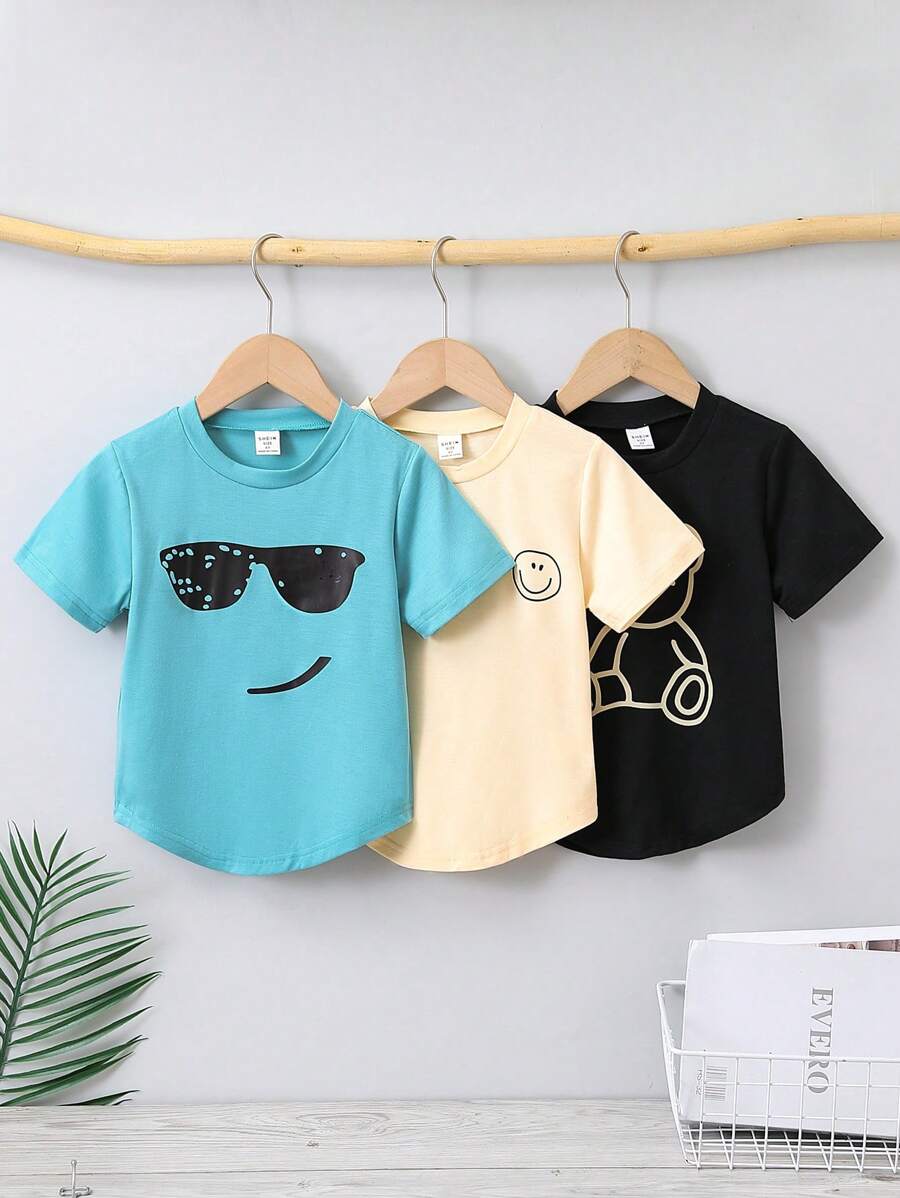 SHEIN 3 piezas Conjunto de camiseta holgada y cómoda para niño pequeño, con estampado de oso sonriente y dibujos animados, estilo deportivo y casual, adecuado para primavera, verano y otoño, cómodo y versátil, para niños de 4 a 7 años, adecuado para la escuela y deportes