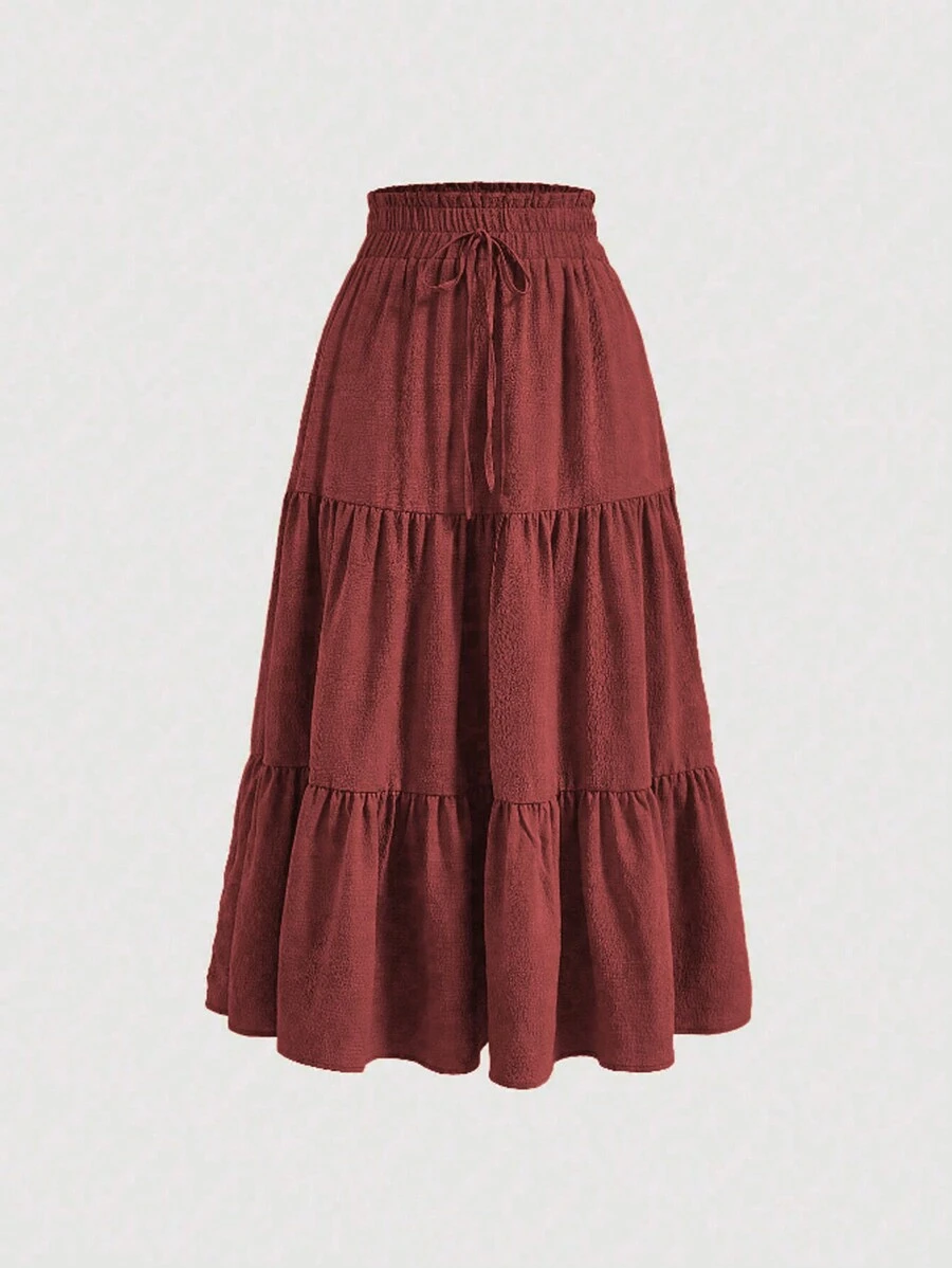 Mulvari Plus Tie Waist Ruffle Hem Skirt For New Year Clothes