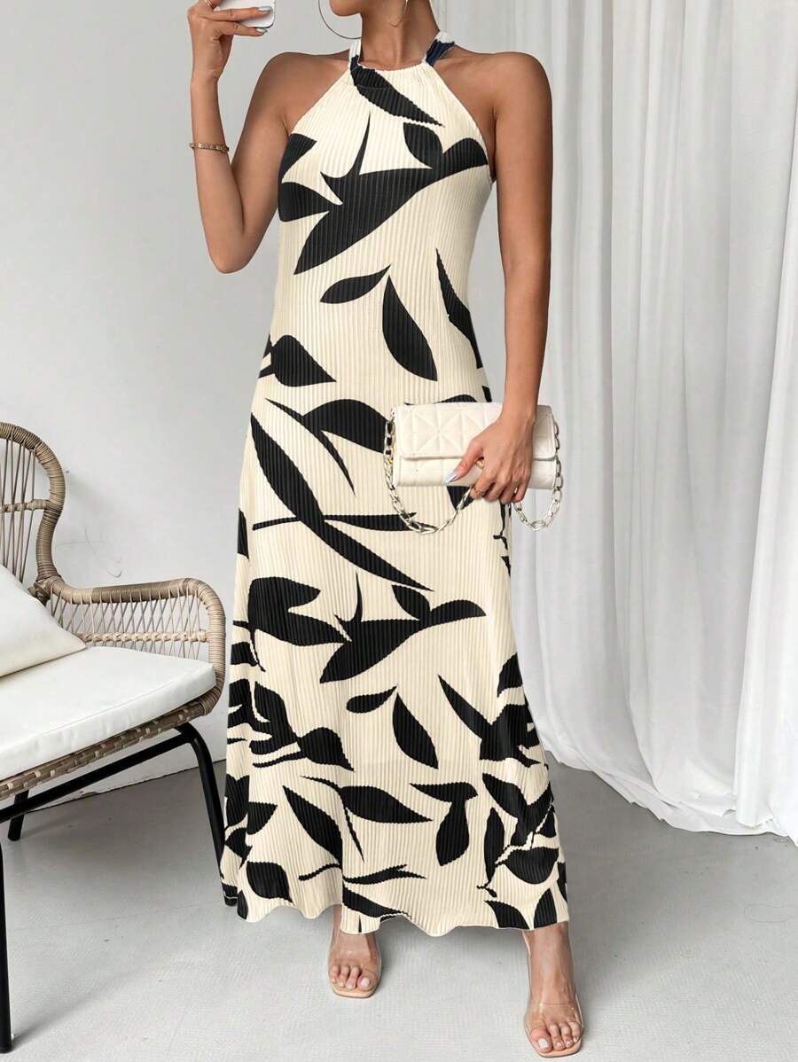 SHEIN Clasi Robe dos nu avec encolure à bretelles en impression de plantes et ourlet à volants