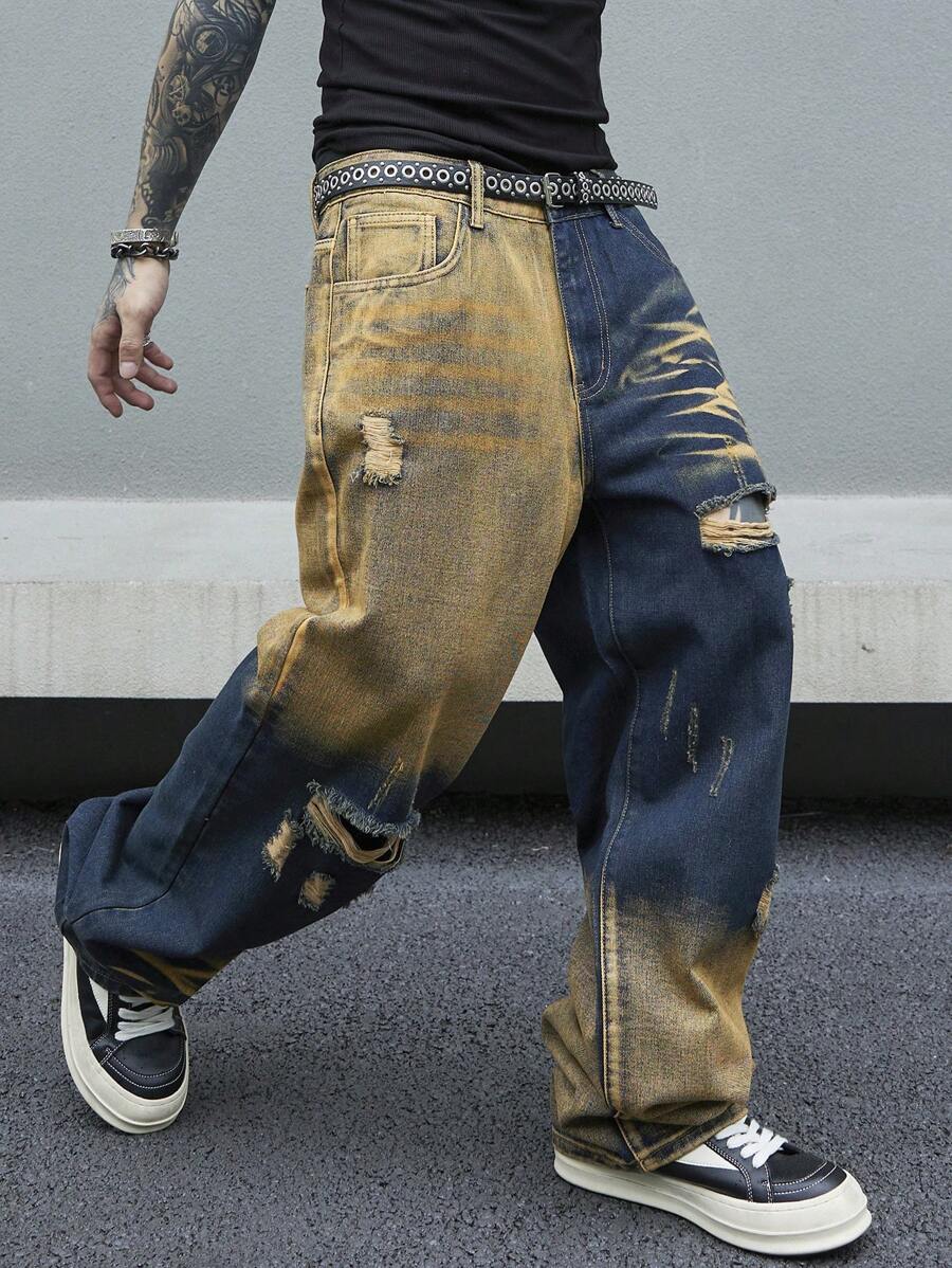 Manfinity Streetrush Pantalones vaqueros rectos rasgados para hombre sin cinturón, pantalones vaqueros anchos azul oscuro de pierna larga desgastados y holgados, para regalos de esposo o novio