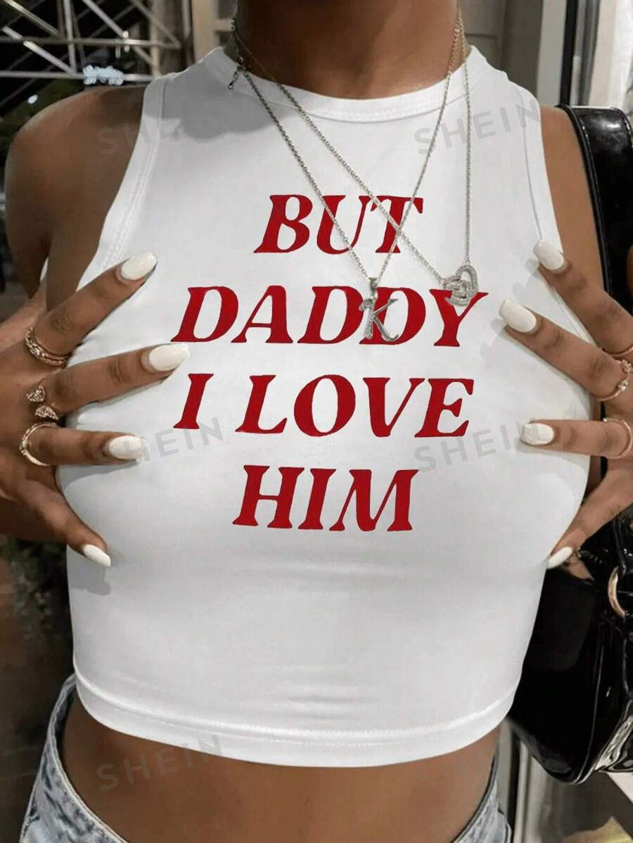 SHEIN Camiseta sin mangas de cuello redondo con estampado de letra para uso casual de verano en tallas grandes, PERO PAPI YO LO AMO Gráfico de camisetas para mujer