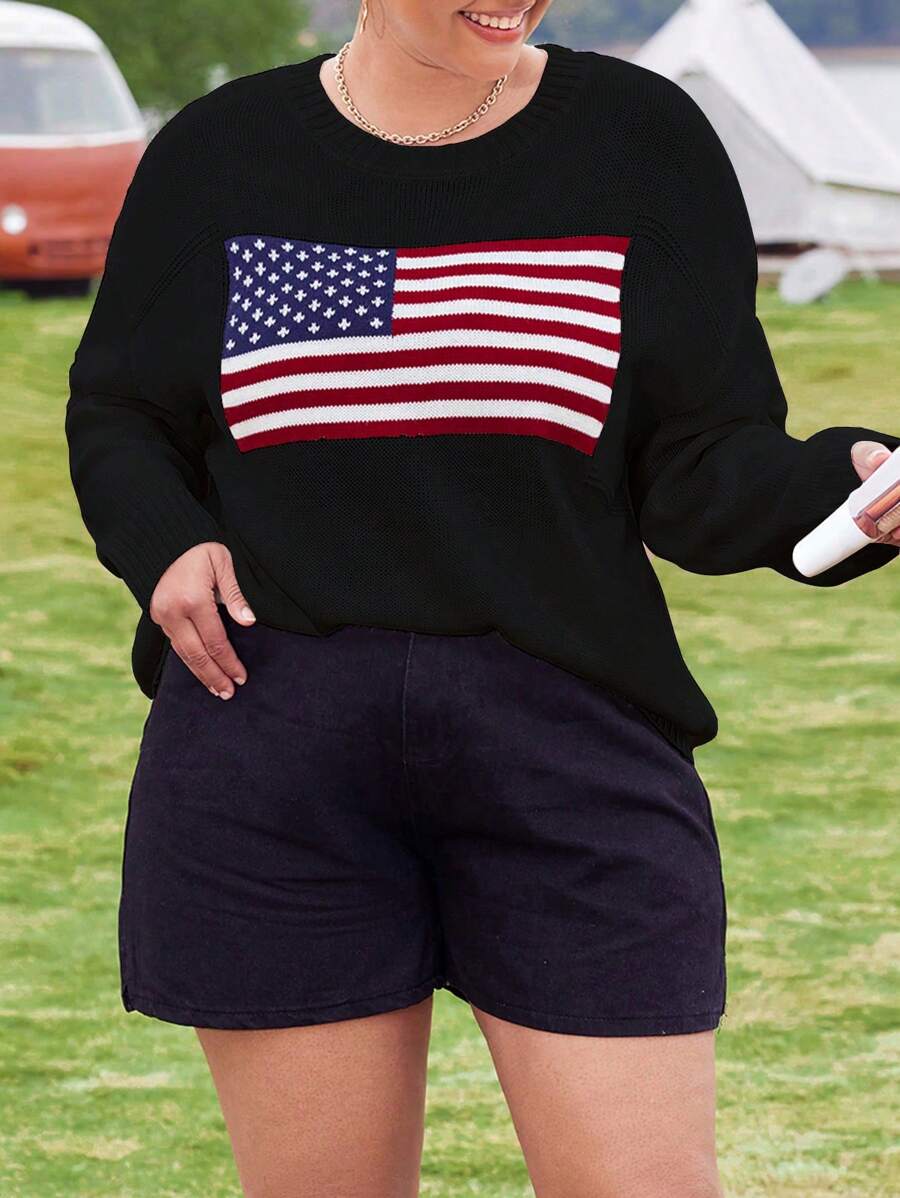 SHEIN CURVE+ Plus sweter z opadającymi ramionami i wzorem Americana