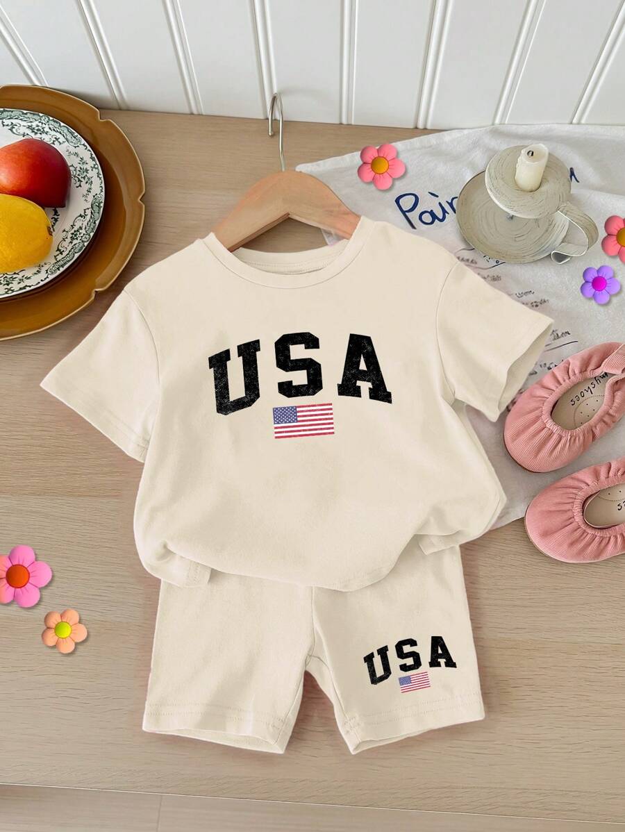 SHEIN Baby Girl Casual Minimalist Letter Printed Short Sleeve T-Shirt And Shorts Set, Suitable For Summer
