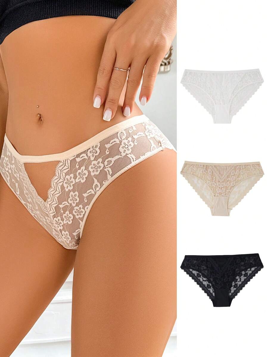 3 piezas Conjunto de tangas de encaje hueco de triángulo para mujeres elegantes