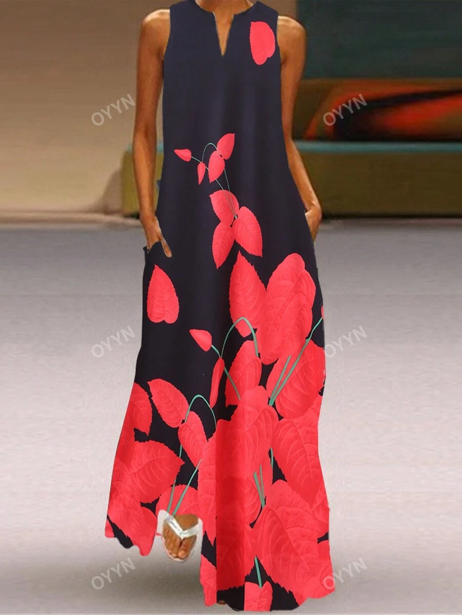 New European And American Cross-Border E-Commerce Women's Vintage Floral Sleeveless Dress With V-Neck