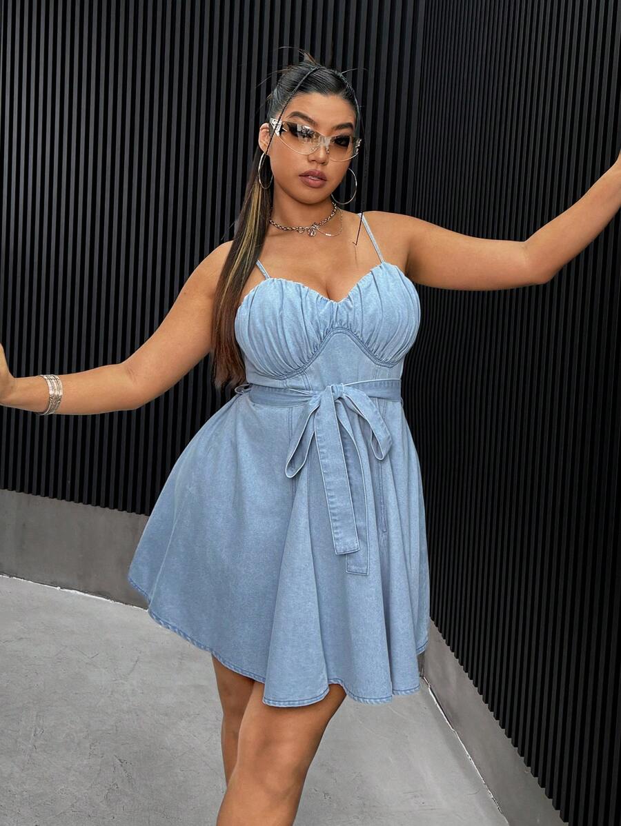 SHEIN ICON Plus Size Women's Denim Overalls Dress With Straps