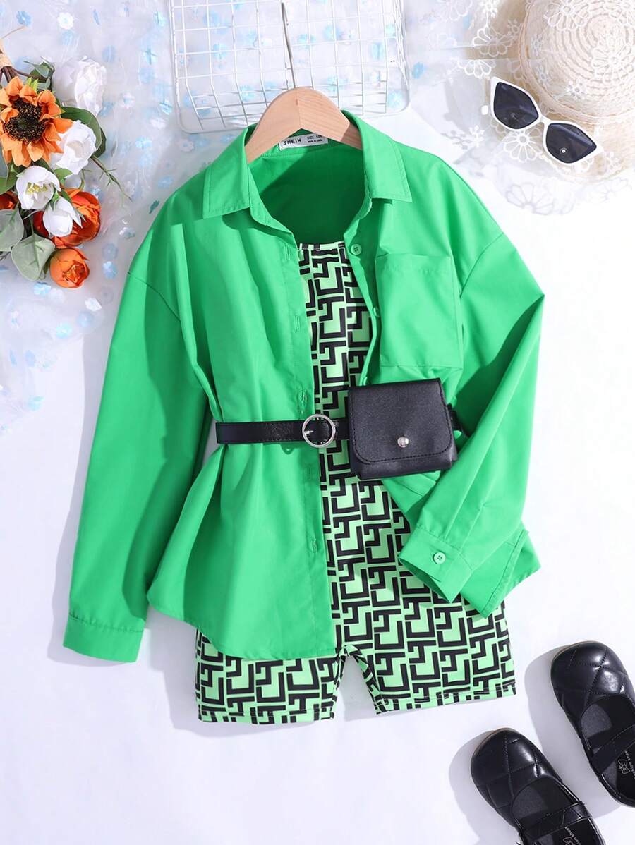 SHEIN Tween Girl Casual Spring/Summer Woven Solid Green Shirt And Overall Shorts Set With Straps