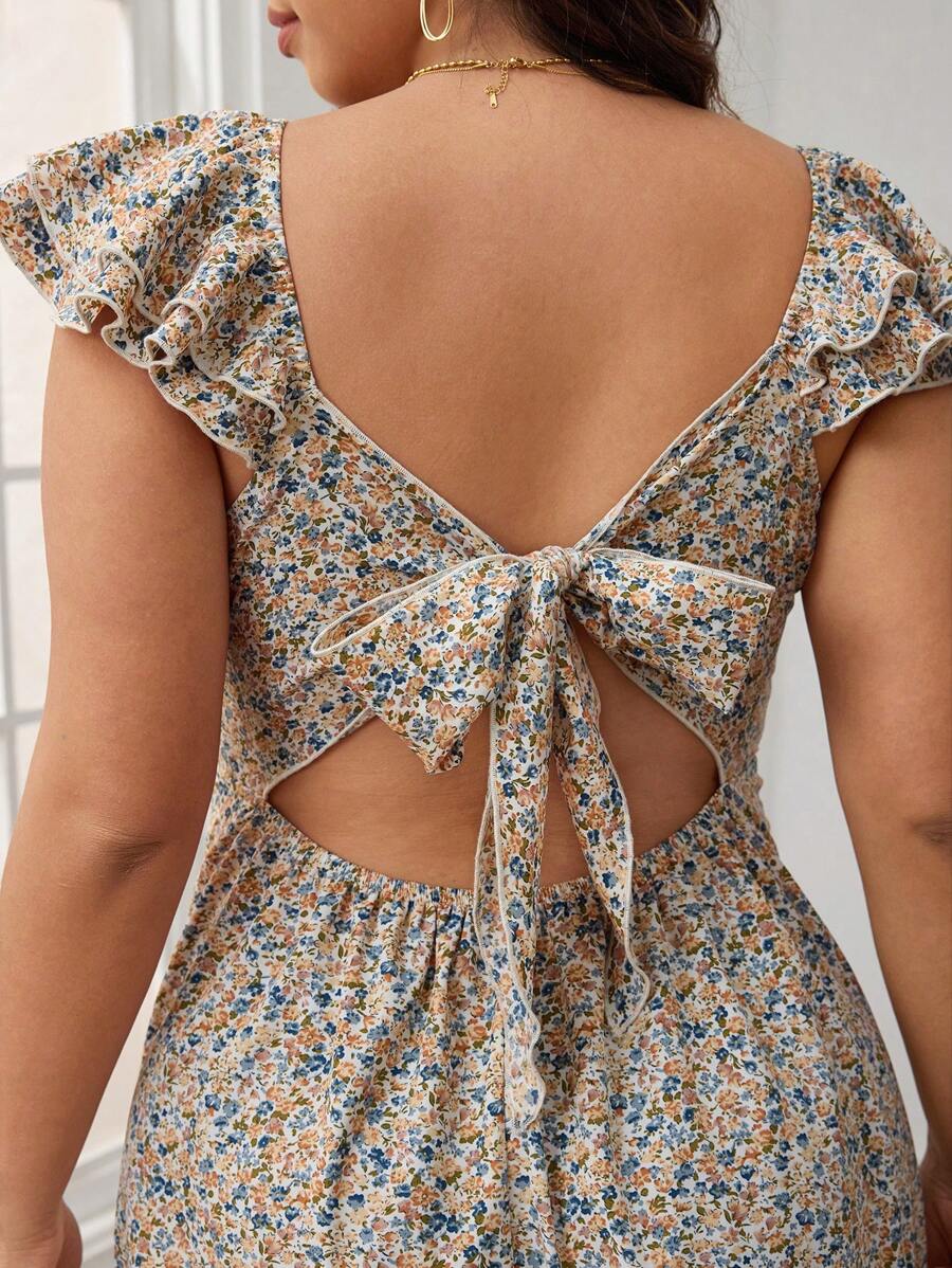 SHEIN Frenchy Plus-size Boho dames korte modieuze bloemenprint mini vakantiejurk met fladdermouwen voor de zomer, vakantievibe zomerjurk, melkmeisjesjurk, zomeressential, vintage jurk voor dames, strandjurk zomerjurk, vakantie-outfits