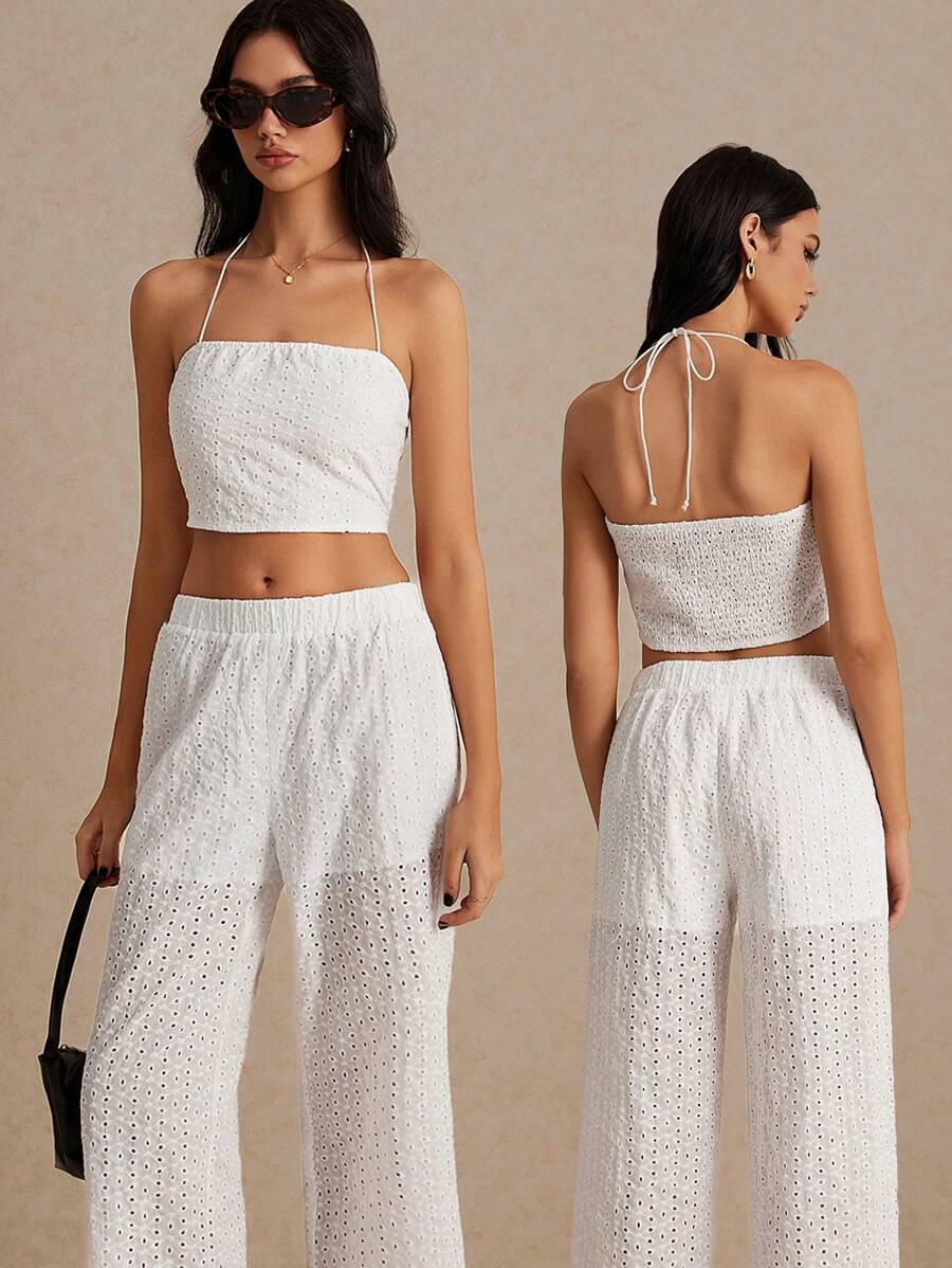 SHEIN Frenchy Embroidered Tube Top And Pants Set, Elastic Back Wrapped Chest, Low Waist Design, Cute Outfit For Casual, Holiday, Music Festivals, And Wedding Season