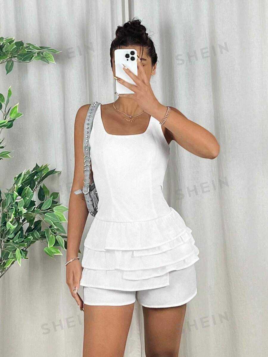 SHEIN EZwear Mono sin mangas casual de cuello cuadrado con volantes de varias capas empalmados de mujer tejido blanco