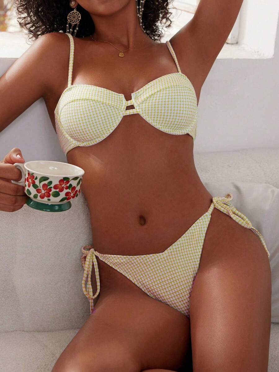 SHEIN Swim Women's Bikini Set Top With Ribbed Spaghetti Strap, Plaid Bottoms With Side-Tie Summer