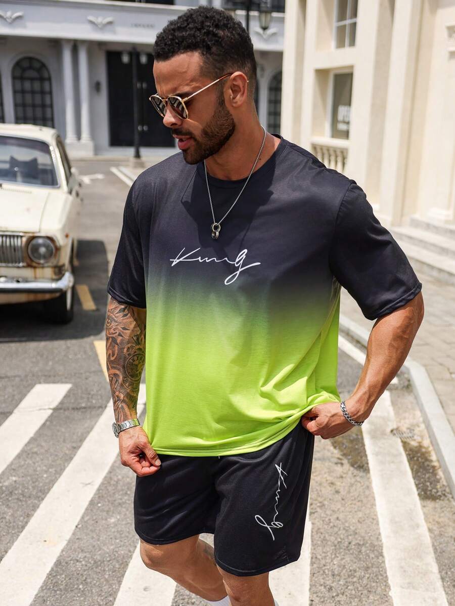 Manfinity Homme Men Plus Letter Graphic Ombre Tee & Shorts For Summer