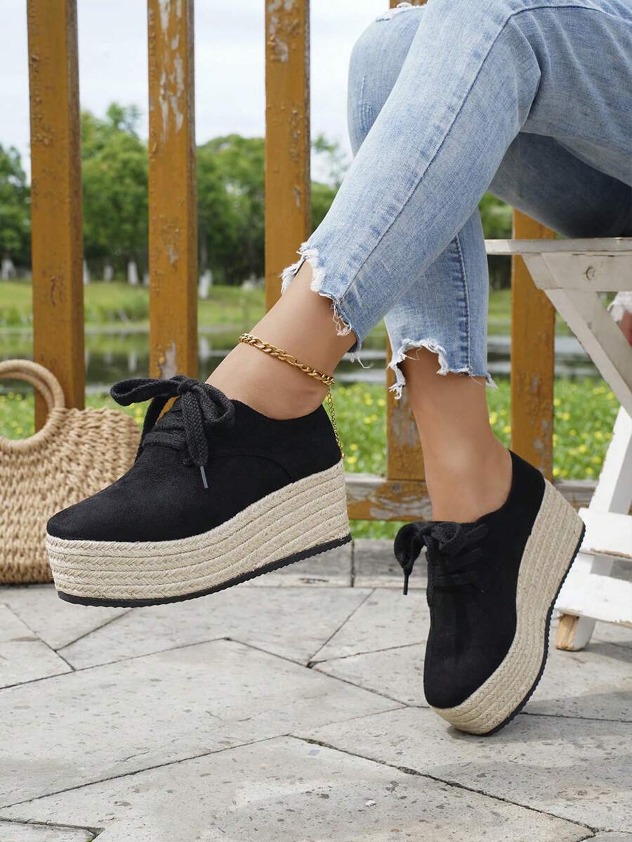 Women's Platform Wedge Shoes, Black Suede Lace-Up Jute Sole, Chic New Casual All-Match Waterproof Thick Bottom Increased Height Shoes, Suitable For Holiday, Daily, Spring Wear