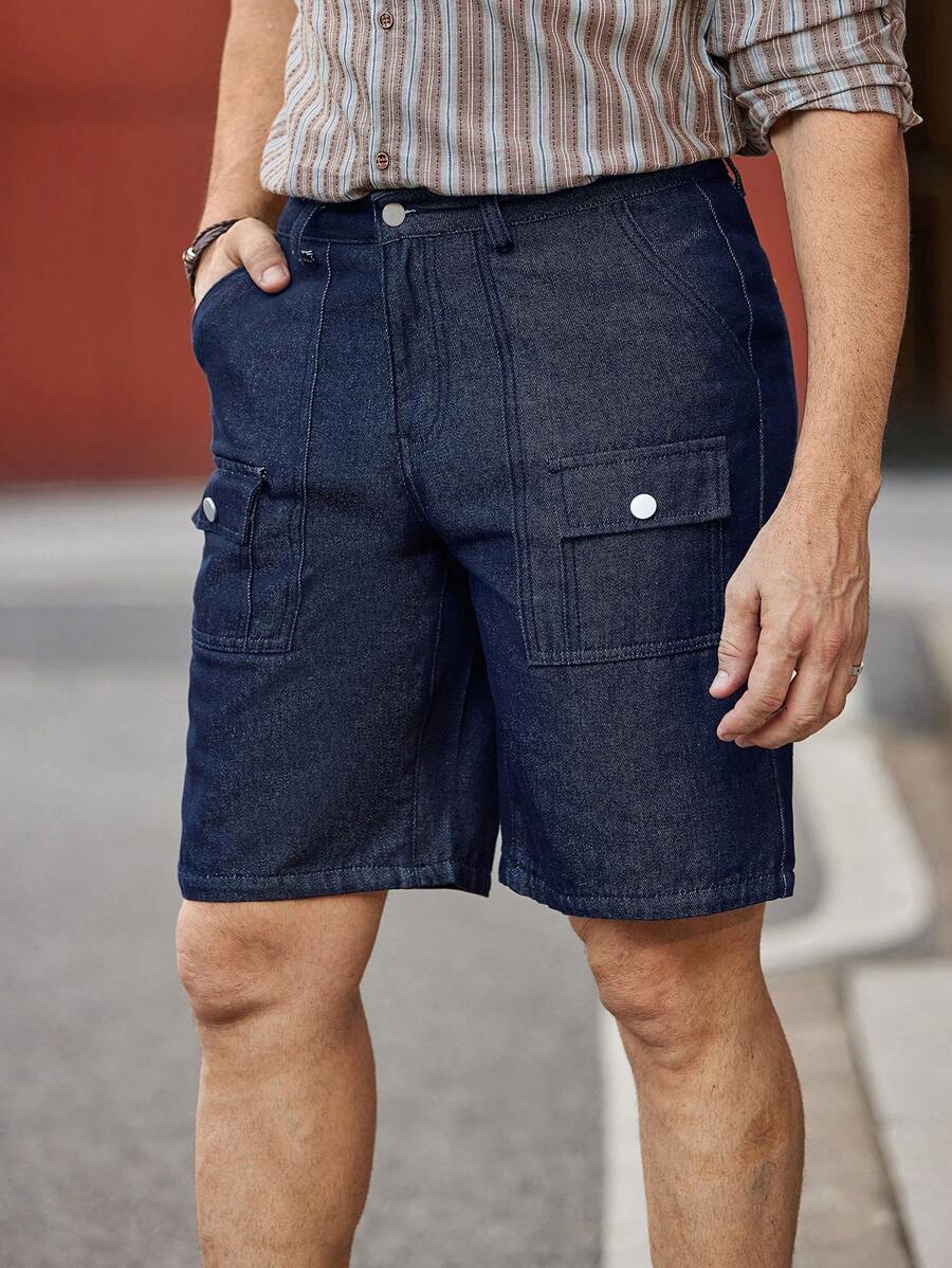 Manfinity Homme Pantalones cortos de mezclilla para hombre con bolsillos con solapa