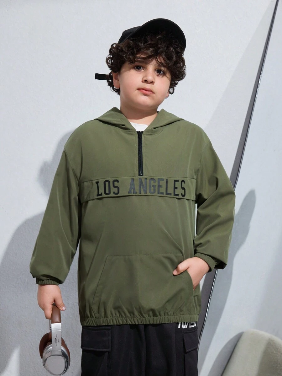 SHEIN Chaqueta informal con capucha de cremallera para chicos preadolescentes con tallas extendidas y estampado de letras, para otoño/invierno