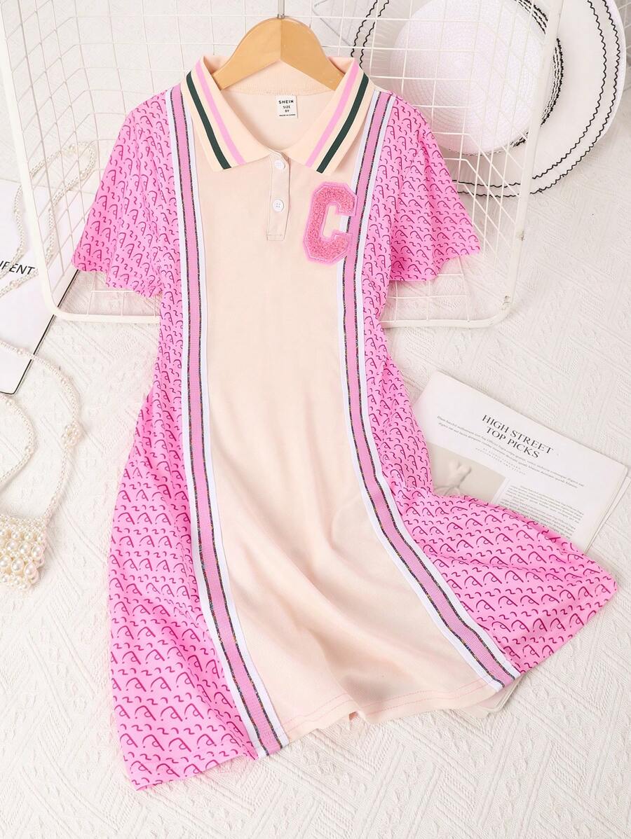 Vestido Casual de Manga Curta com Colarinho Polo para Meninas Jovens