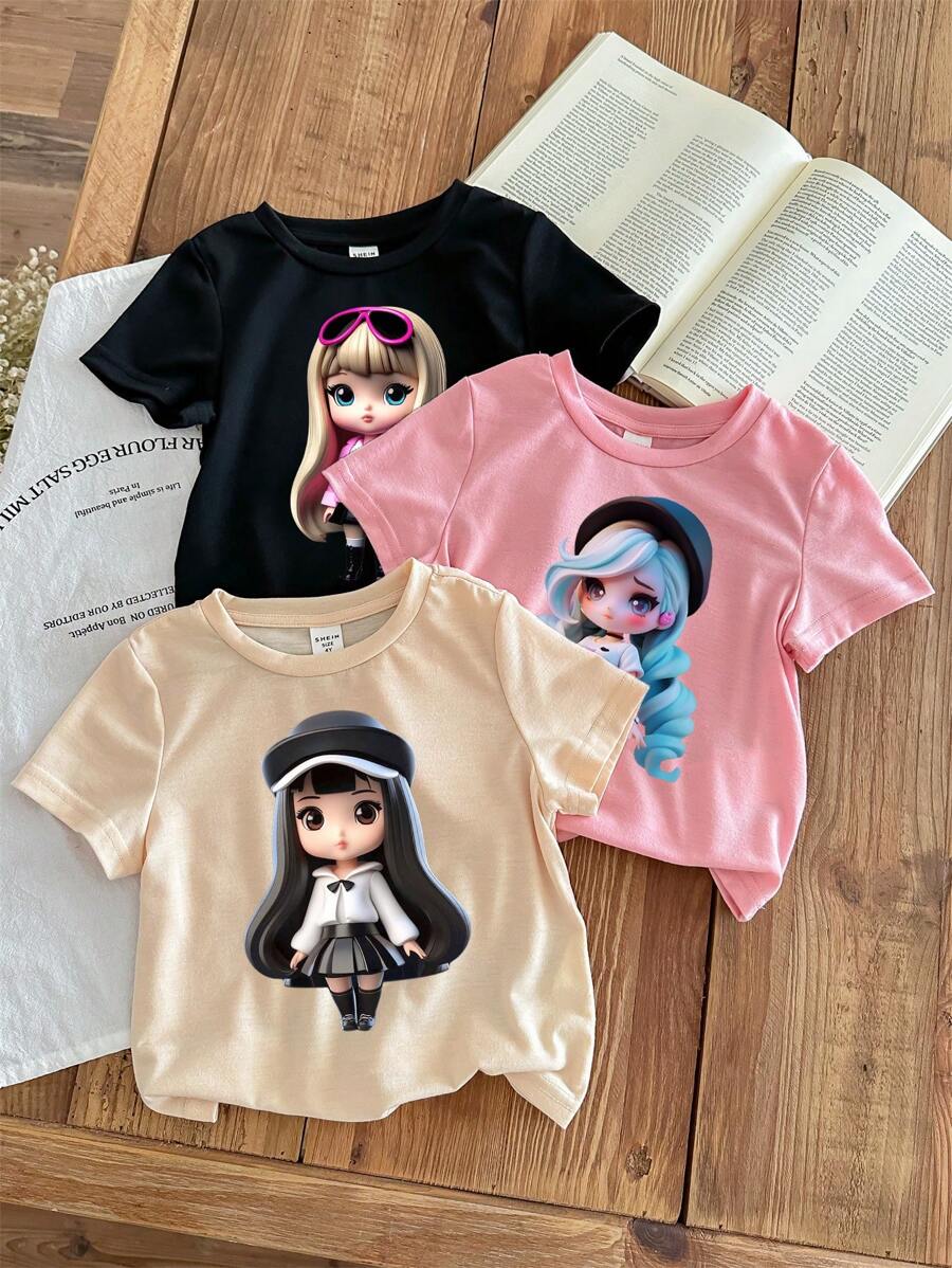 SHEIN Young Girl's Casual Cartoon Girly Graphic T-Shirt Multicolor Pack, Printed Short Sleeve & Round Neck, Suitable For Summer And Back To School, Cute Outfits
