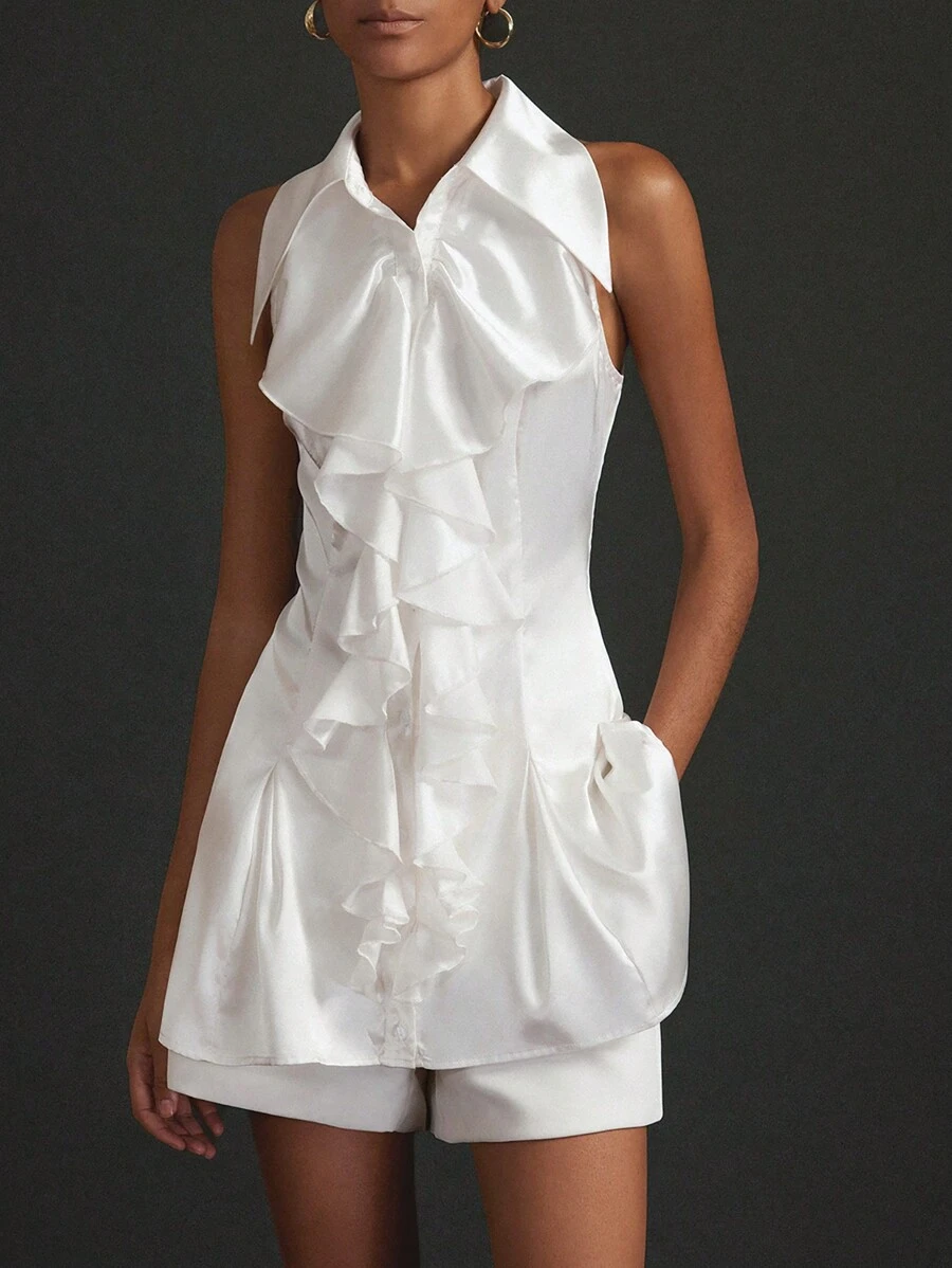 Aveloria Elegant Sleeveless Halter Neck Women's Shirt With Delicate French Palace Style Ruffle Trim And Bright Color