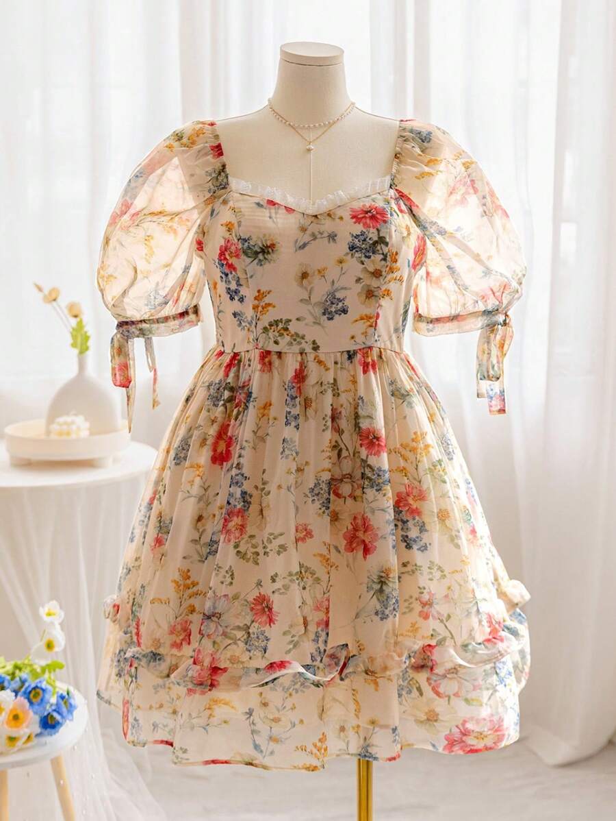 Soleia Plus Size Women Sweetheart Neck Puff Sleeve Floral Patchwork Talia A-Line Falbana Wykończenie Organza Casual Powrót Do Szkoły Słodka Lunch Mini Sukienka, Styl Wakacyjny