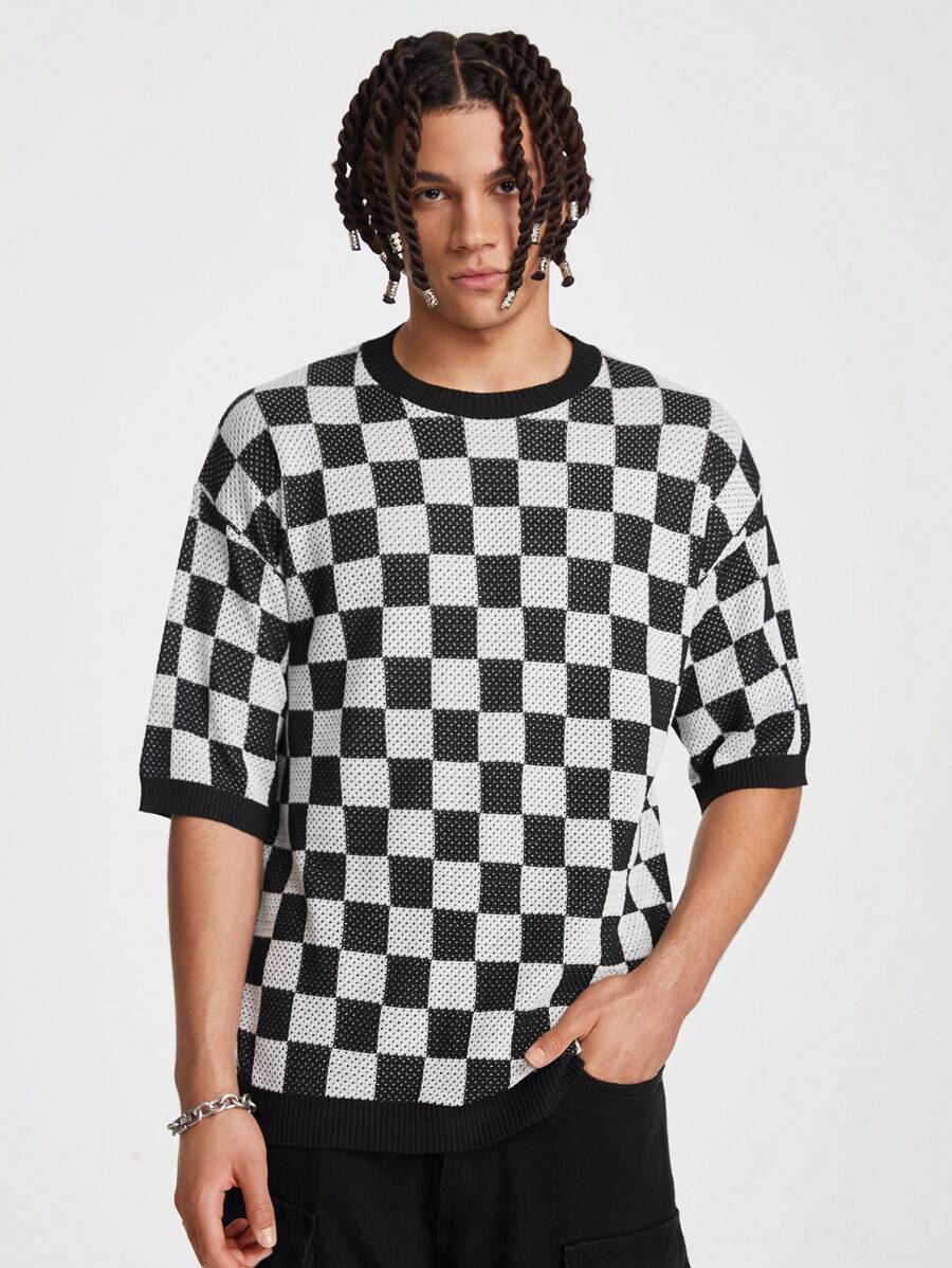 Manfinity EMRG Camiseta de punto para hombres con patrón de damero y hombros caídos