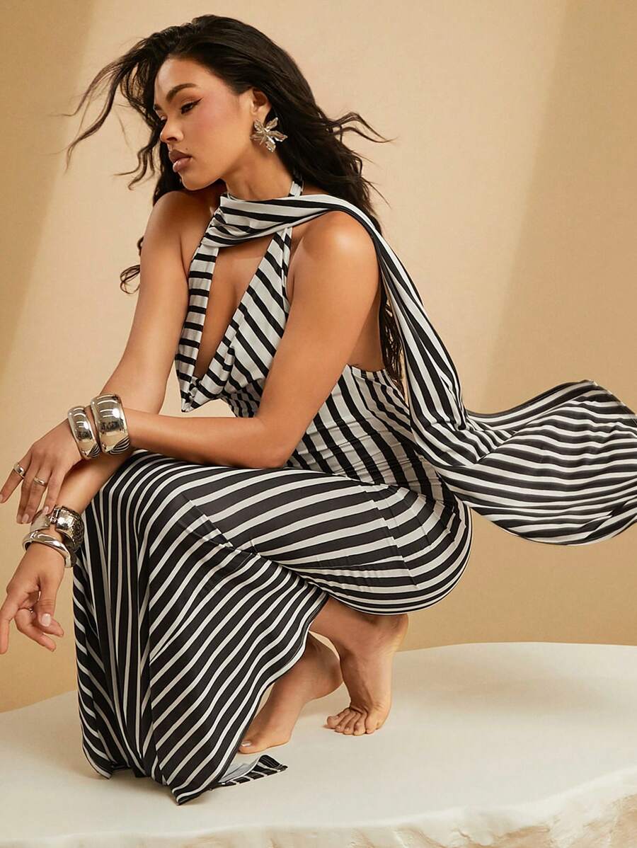 SHEIN Unity Stripe Satin Cowl Neck Dress With Sash