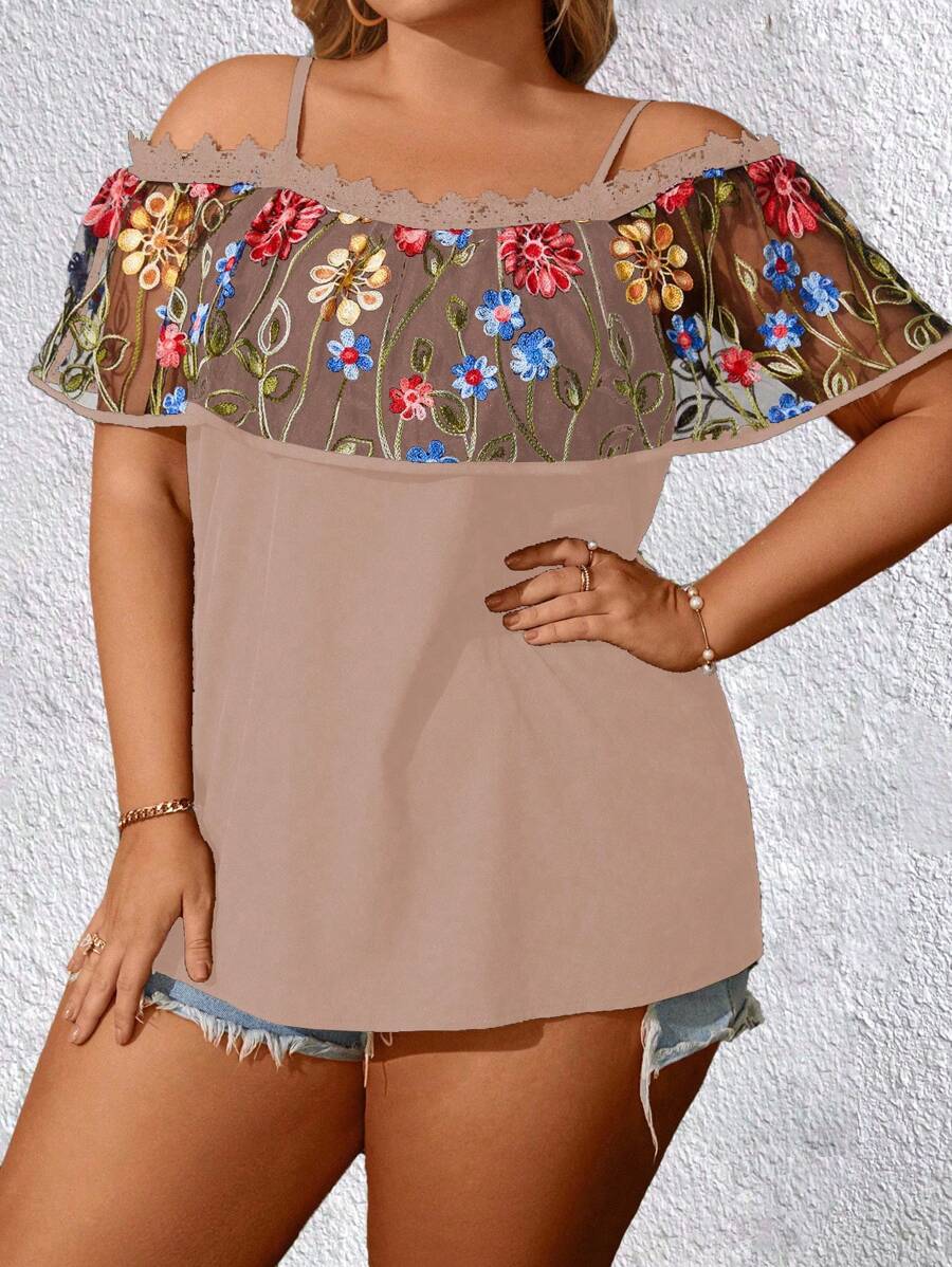 Breezaya Plus Floral Embroidery Cold Shoulder Ruffle Trim Blouse