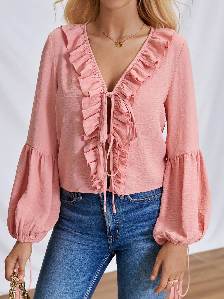 SHEIN LUNE Camisa de manga de farol para mujer con dobladillo de volantes y cinturón de lazo