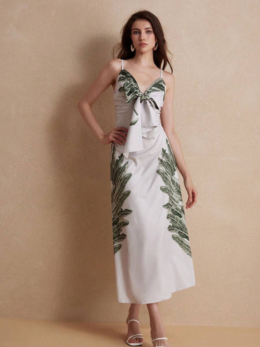 Aveloria Rosie High-End Print Beach Vacation Style Dress With Bowknot Shoulder Straps