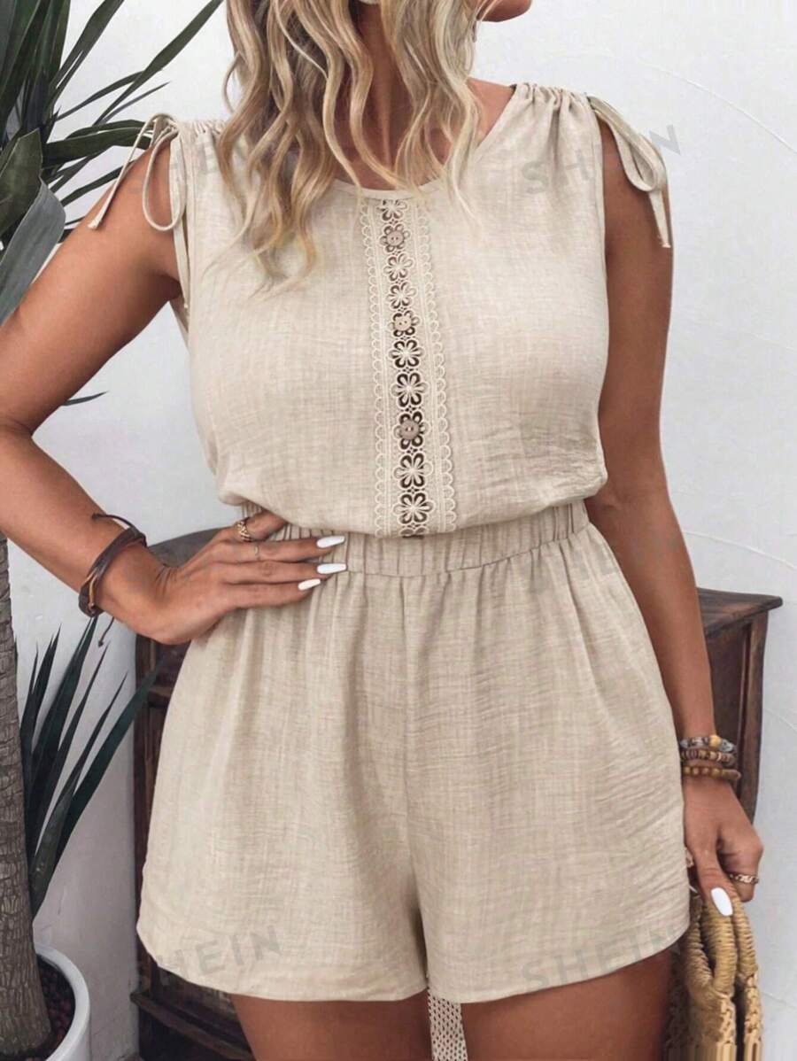 SHEIN LUNE Rompimiento de verano de manga corta con encaje de guipur, cintas en los hombros y en el incremento para mujeres de talla grande