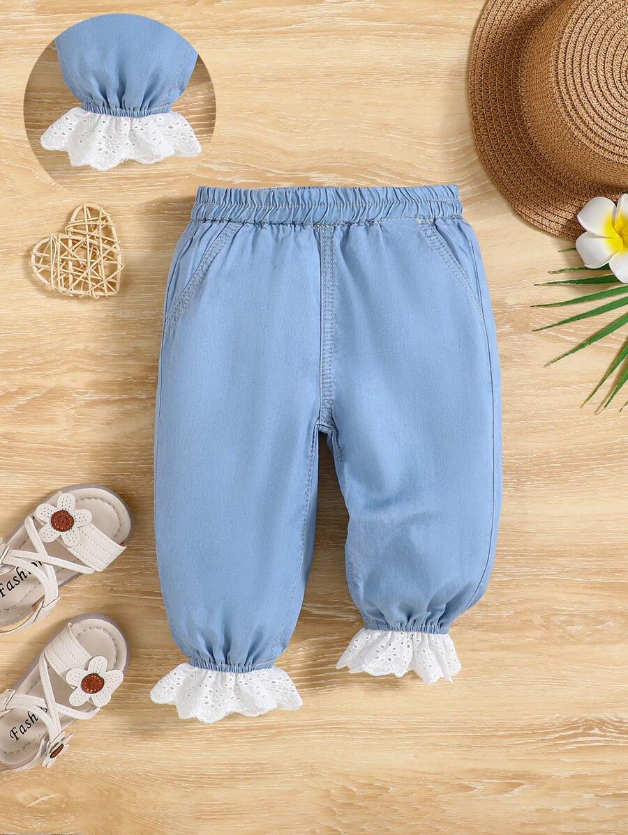 SHEIN Dziewczęce dżinsy z koronką w pasie i elastyczną talią, miękkie, jeansowe, efekt denimu