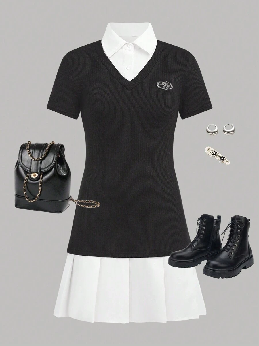 SHEIN Teen Girl Back To School Metal Decor Lapel Short Sleeve Pleated Patchwork Fitted Dress