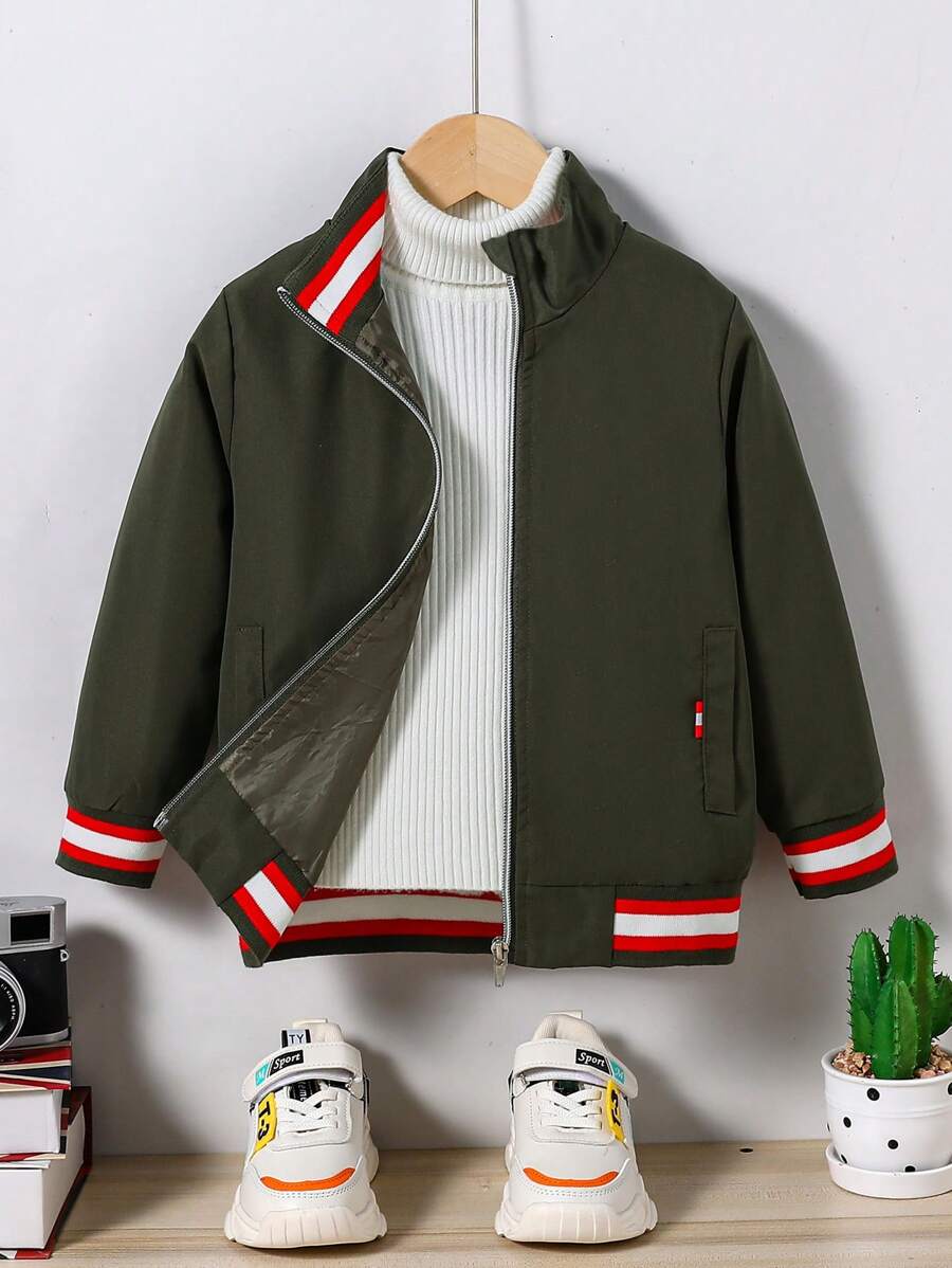 SHEIN 1pc Young Boys' Casual Striped Pilot Jacket, Suitable For Daily, College, Sports, Fall/Winter Seasons