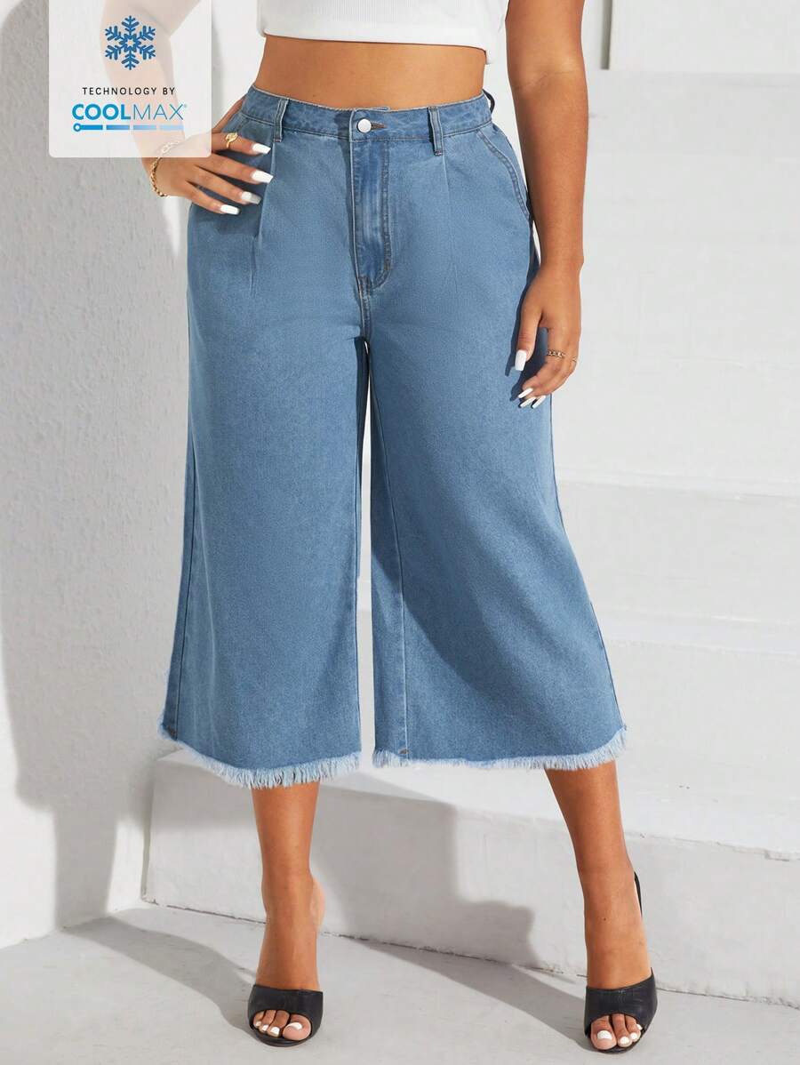 SHEIN Privé Grote maat cropped casual damesjeans met wijde pijpen, losse pasvorm, zakken, plooien en gerafelde zoom