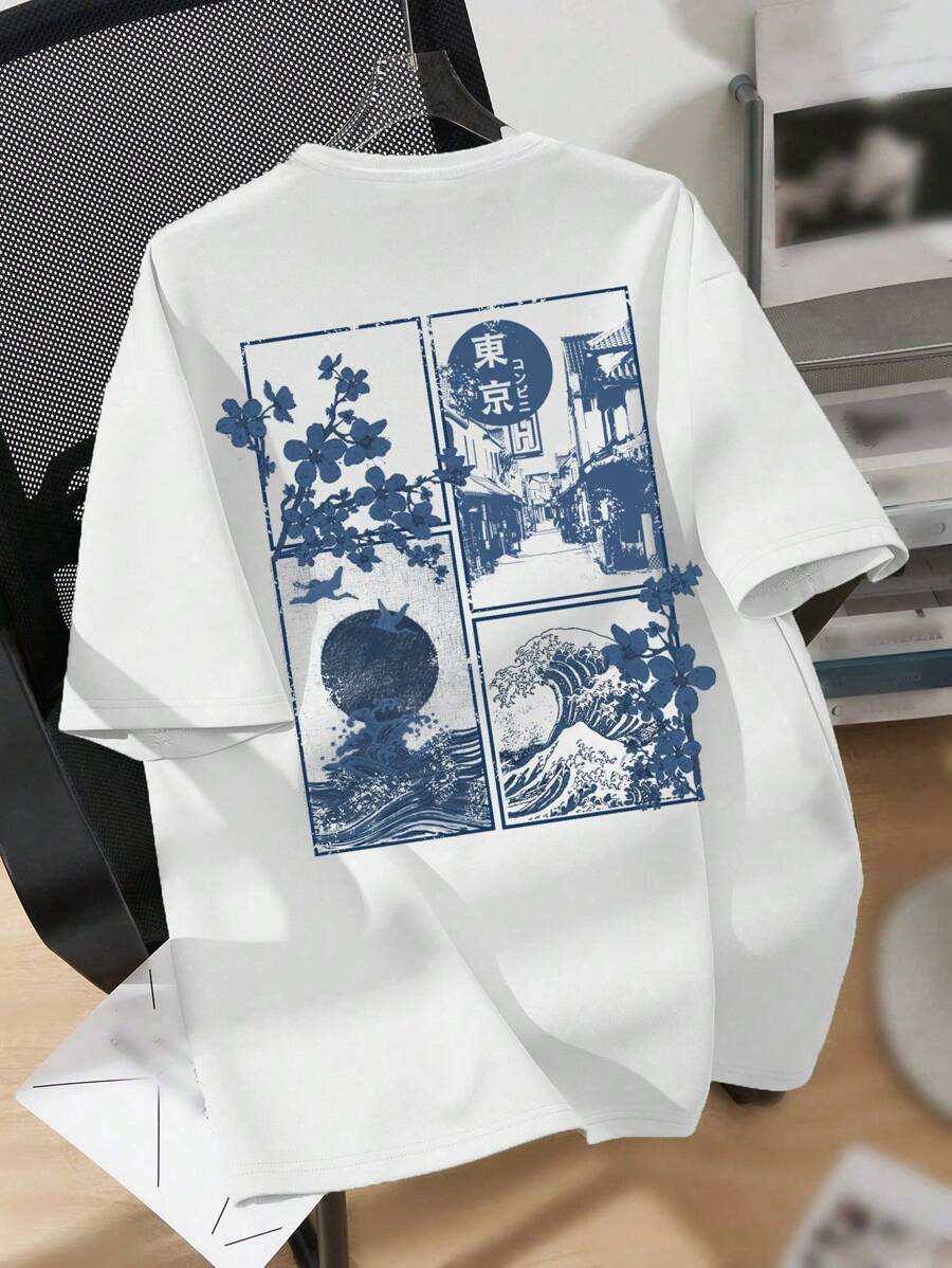SHEIN Camiseta de manga curta com estampa de paisagem de desenho animado casual para meninos adolescentes, mistura de algodão, adequada para o verão