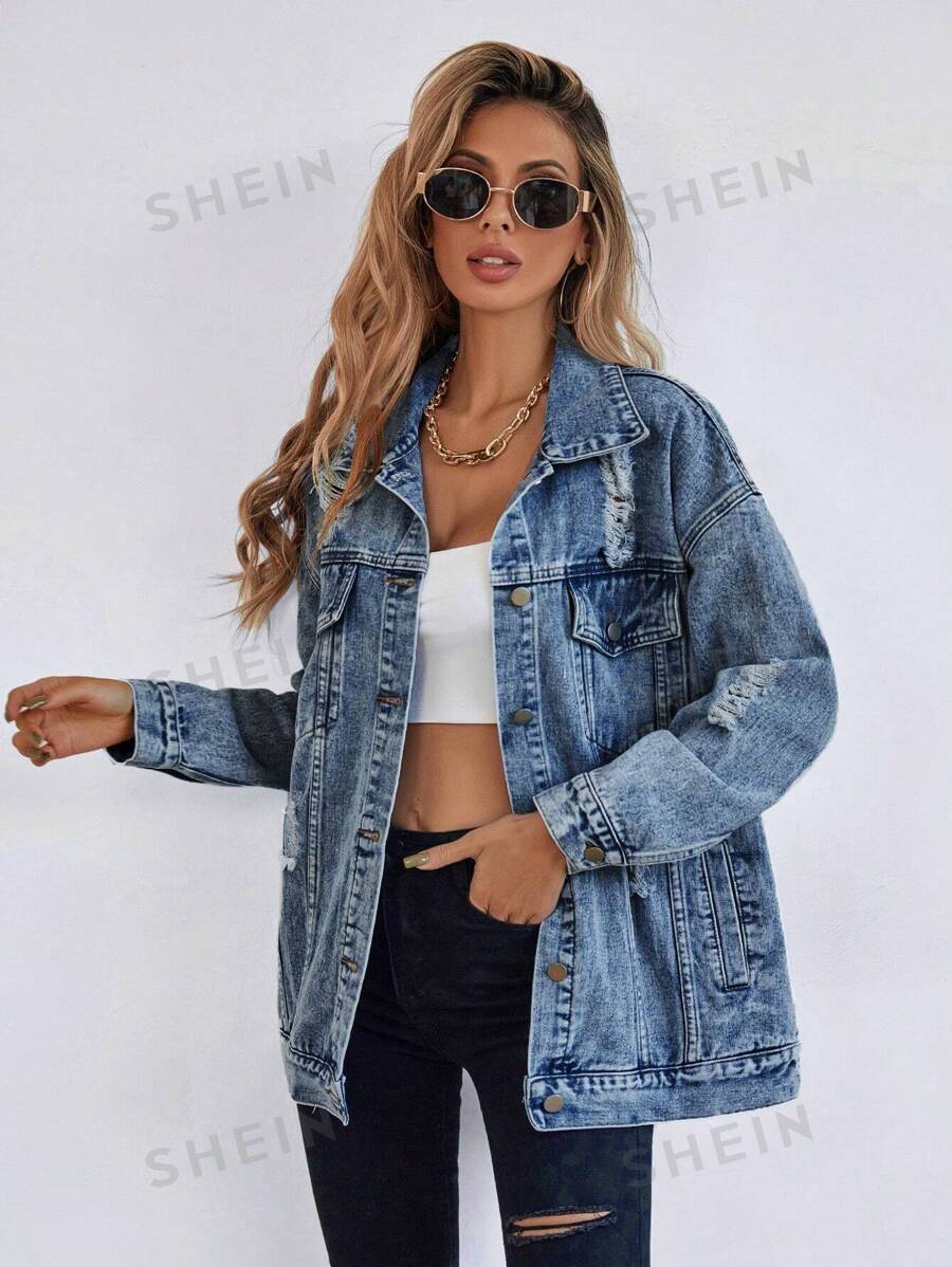 SHEIN Frenchy Cazadora mezclilla desgarro de hombros caídos