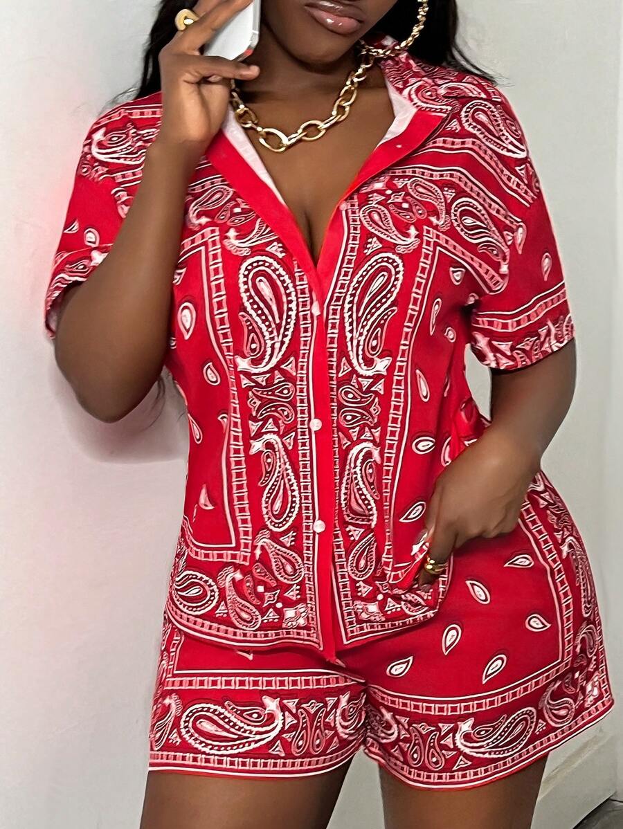 Slaydiva Casual Street Loose Short Sleeve Shirt And Shorts, Red Print Loose Shirt Set, Women's 2pcs Set-C