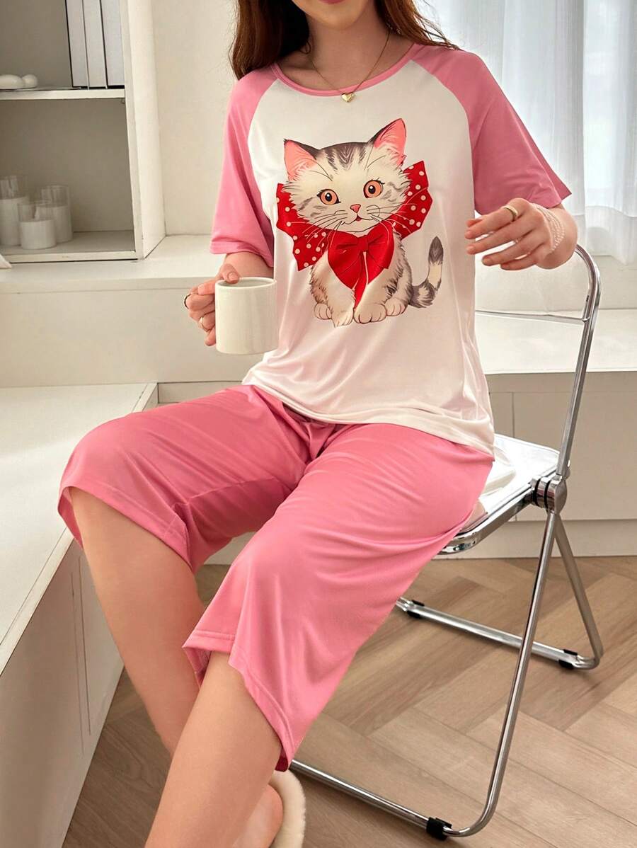Dream Adore Cute Cat Pattern Women's Round Neck Contrast Color Casual Pajama Set With Raglan Sleeve Top And Pants