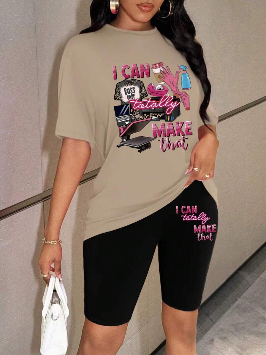 INAWLY Dames zomer casual slogan bedrukte T-shirt met korte mouwen en shorts outfitset