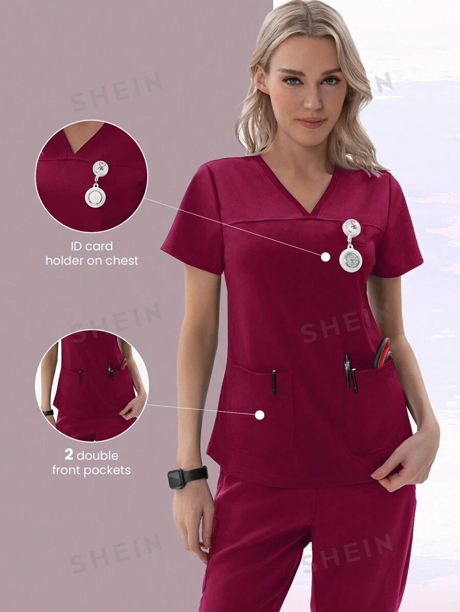 TaskEZ Top pentru uniformă pentru femei, roșu burgundă, cu mâneci scurte, cu decolteu în V, cu 2 buzunare