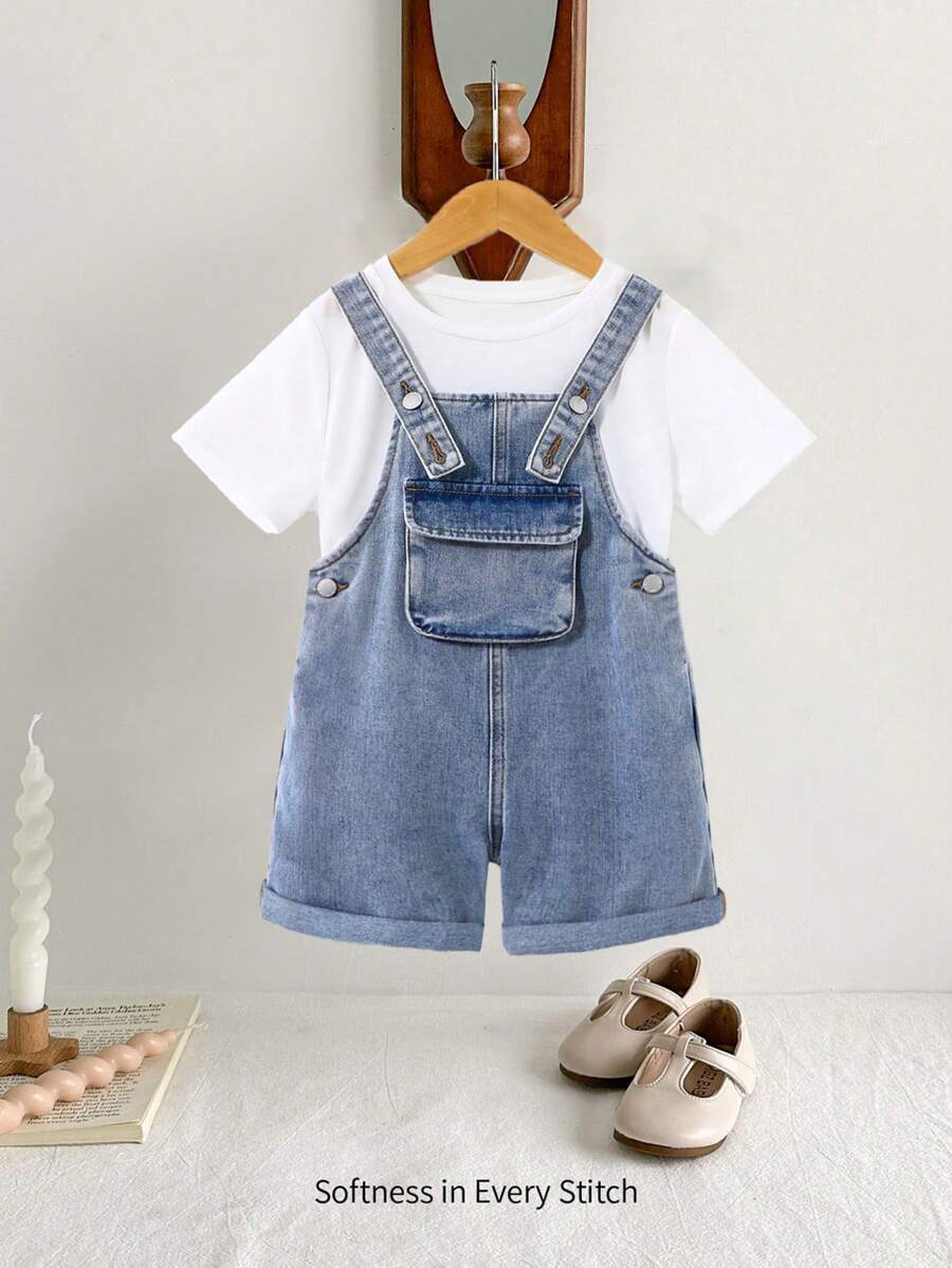 Cozy Pixies Pantalones cortos globales de mezclilla suave y holgados para niñas jóvenes en denim desteñido de verano, con tirantes ajustables, bolsillos con parche y dobladillo enrollado. Sin camiseta, atuendos de ropa de verano para niños