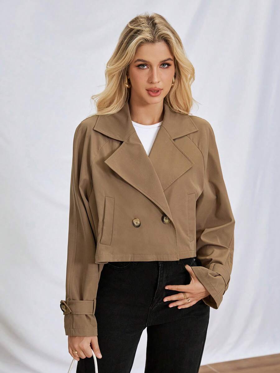 SHEIN Essnce Women's Spring/Summer Or Fall Clothes Khaki Cropped Trench Coat In Olive Long Sleeve Raglan Sleeve Double Button Crop Trench Coat For Spring & Autumn Back To School Clothes Teacher Clothes