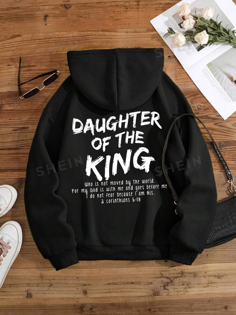 INAWLY Sudadera con capucha térmica con bolsillo canguro con cordón, gráfico con eslogan "HIJA DEL REY Quien No Se Conmueve Por El Mundo Porque Mi Dios Está Conmigo Y Va Delante De Mí, No Temo Porque Soy Suya"