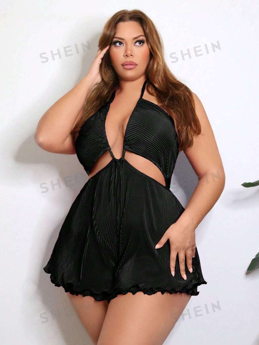 SHEIN SXY Mono sexy para mujer de talla grande, con pliegues en la tela, lazo en el pecho, diseño de espalda descubierta y dobladillo ondulado